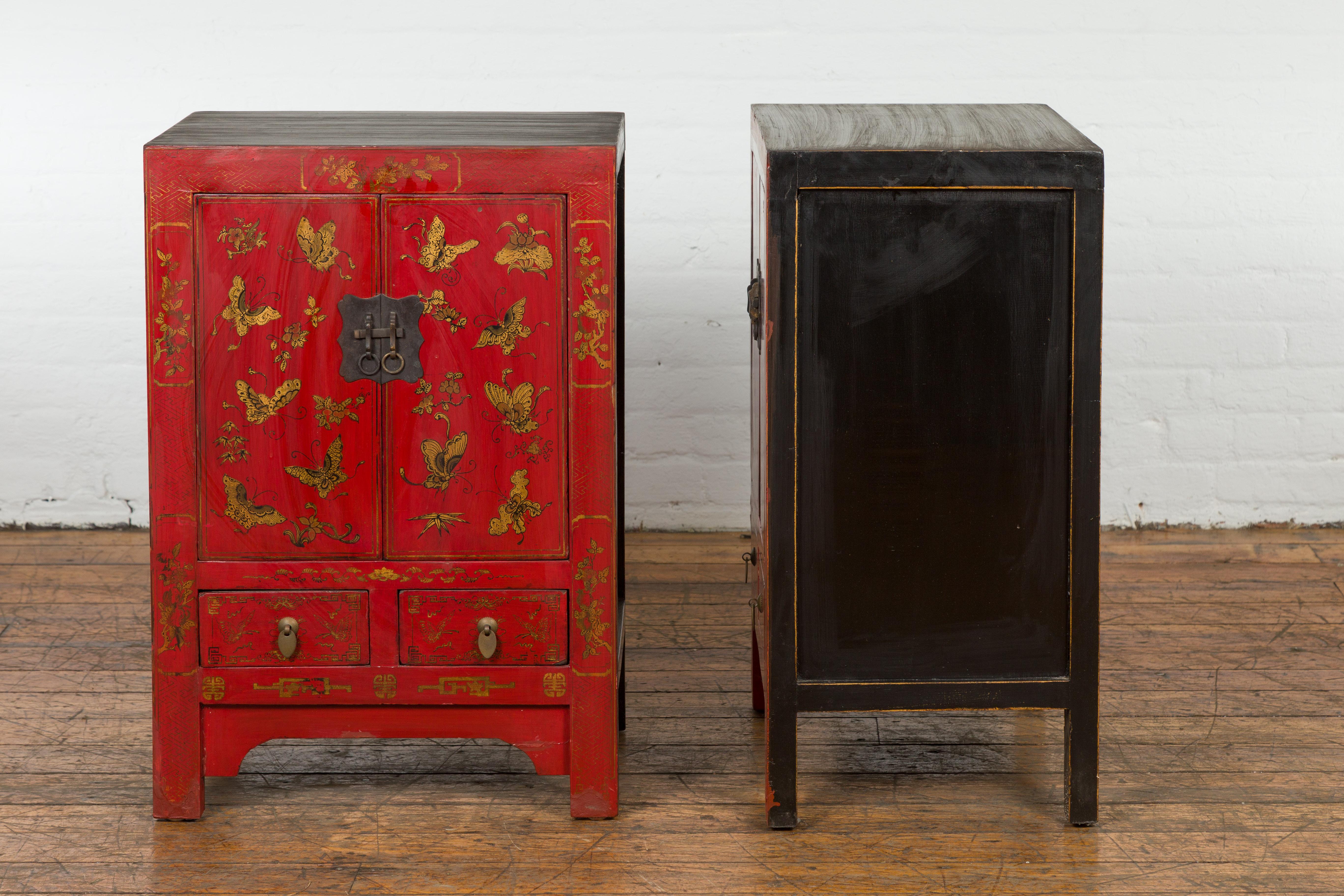 Pair of Chinese Qing Dynasty Red Lacquer Bedside Cabinets with Butterfly Décor 8