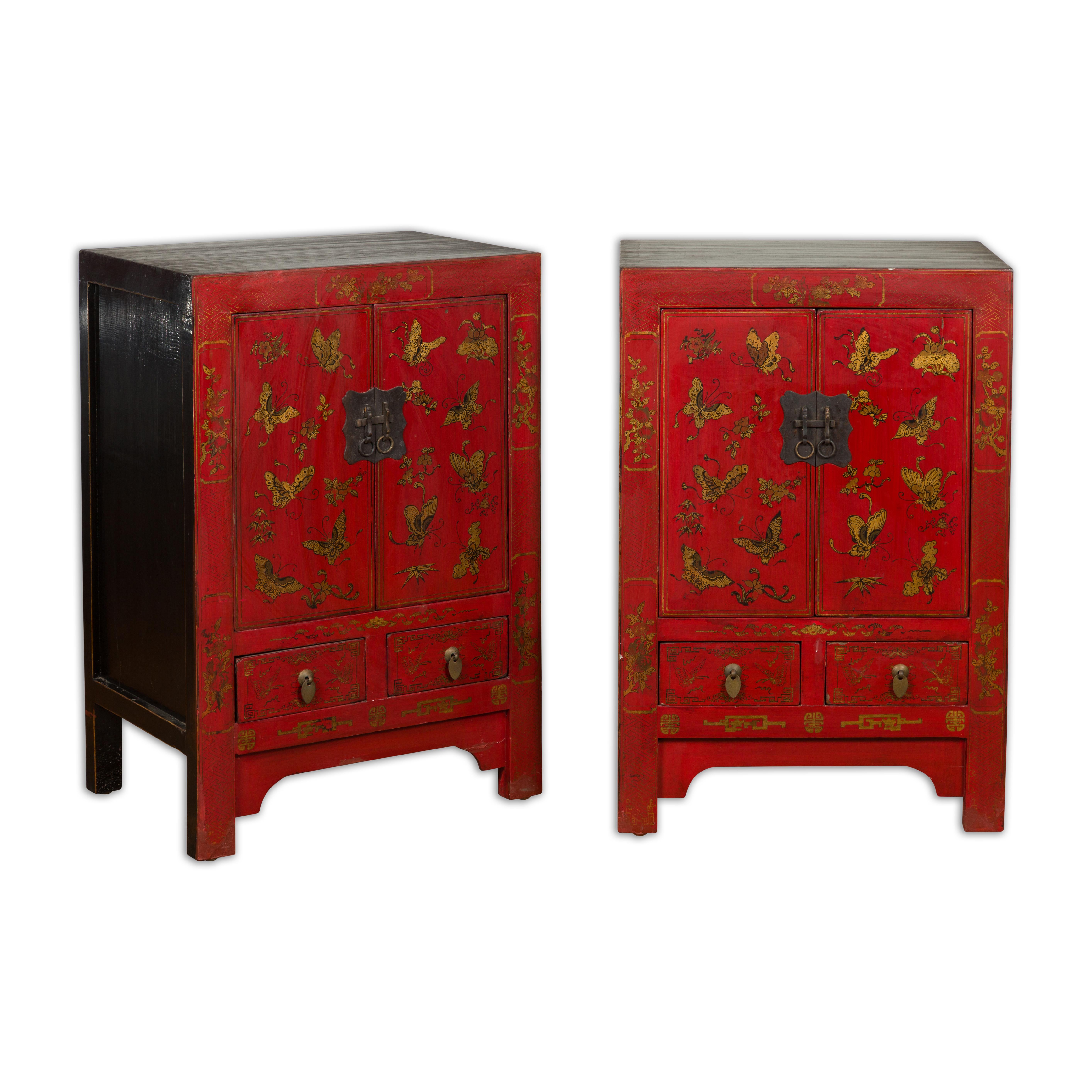 Pair of Chinese Qing Dynasty Red Lacquer Bedside Cabinets with Butterfly Décor 10