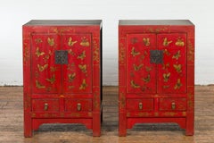 Pair of Chinese Qing Dynasty Red Lacquer Bedside Cabinets with Butterfly Décor