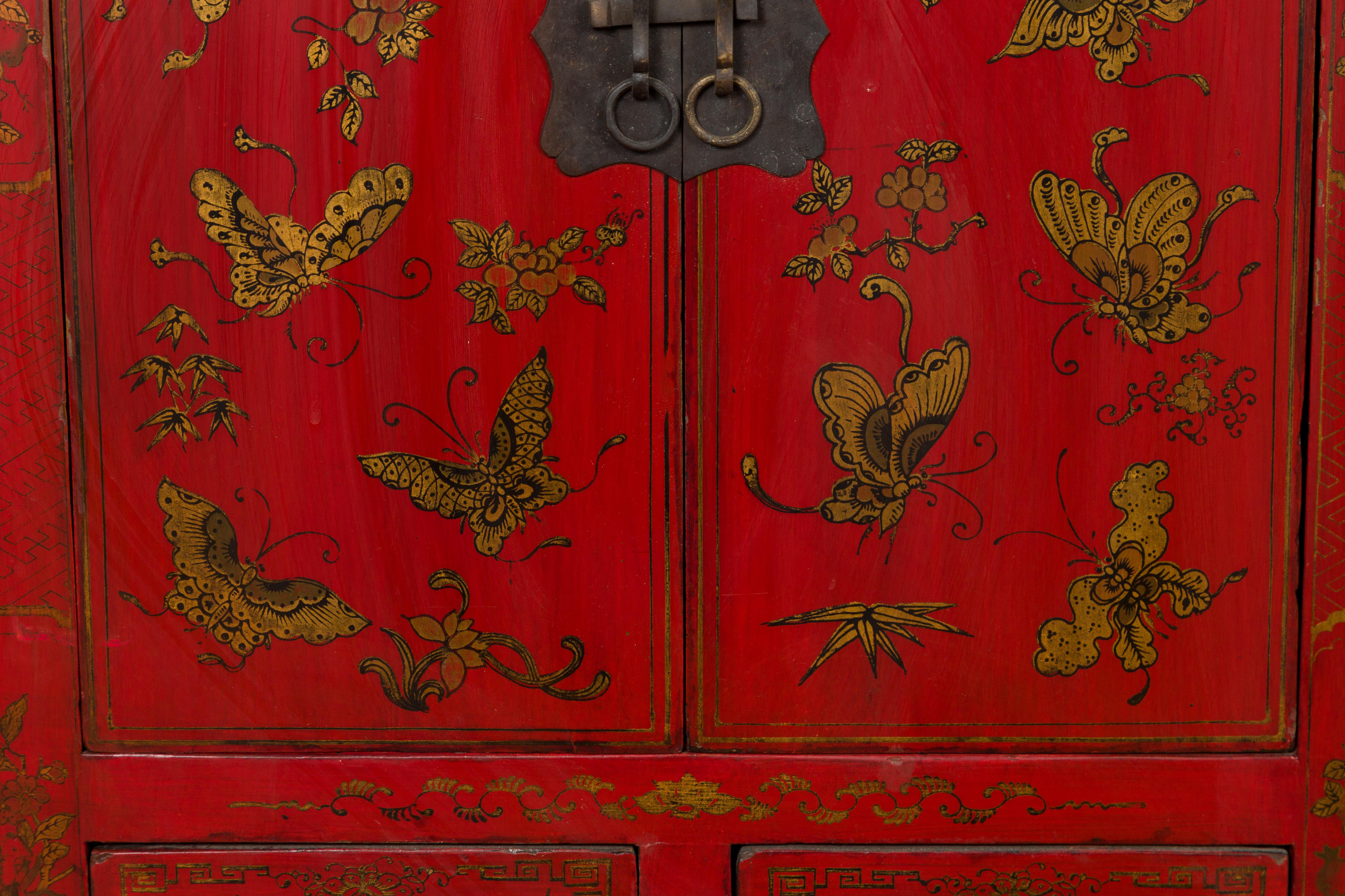 19th Century Pair of Chinese Qing Dynasty Red Lacquer Bedside Cabinets with Butterfly Décor