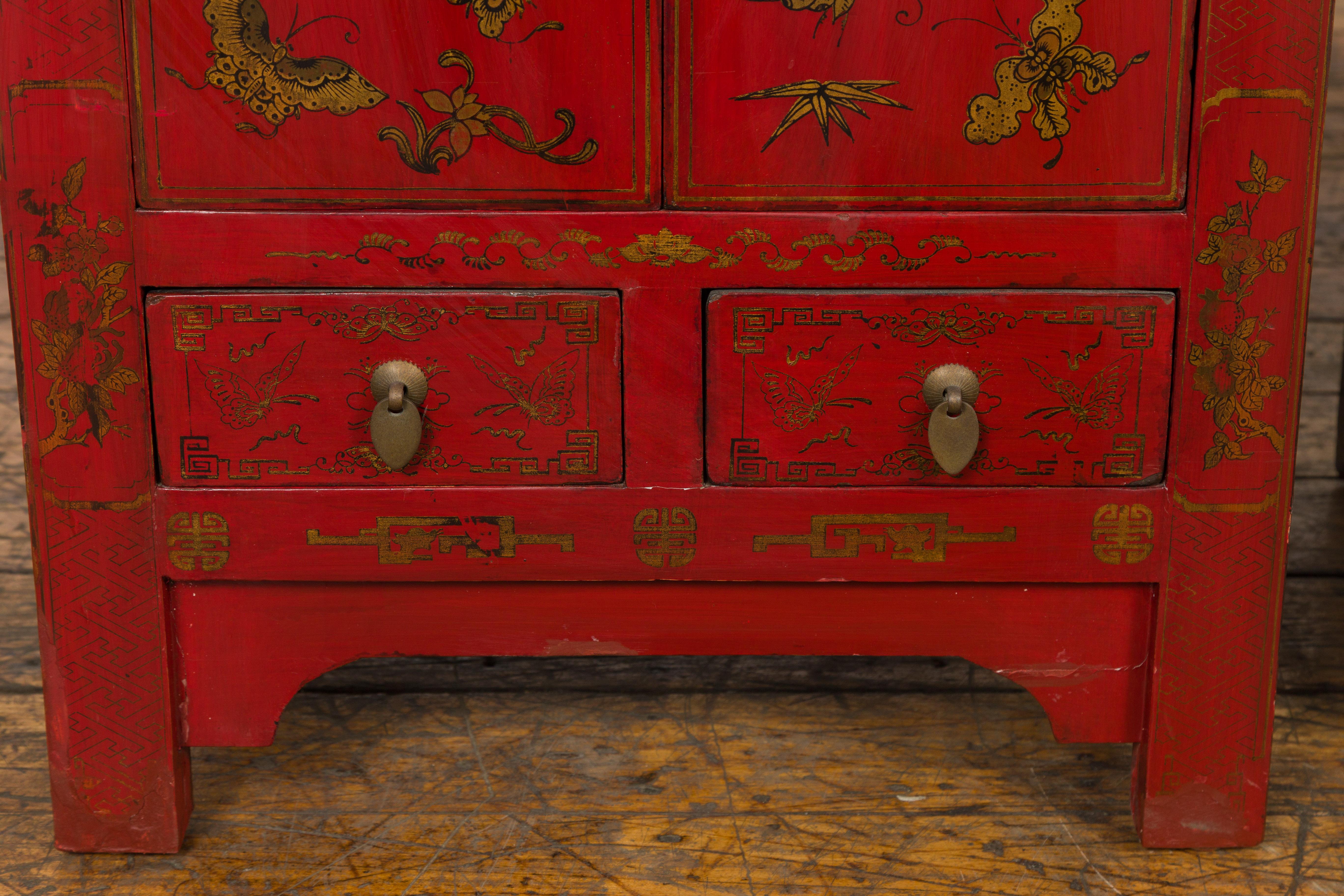 Wood Pair of Chinese Qing Dynasty Red Lacquer Bedside Cabinets with Butterfly Décor