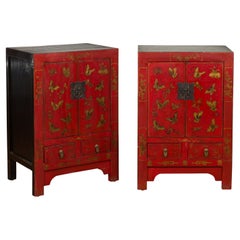 Pair of Chinese Qing Dynasty Red Lacquer Bedside Cabinets with Butterfly Décor
