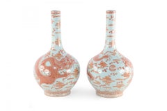 Pair of Chinese Qing Dynasty Style Gray & Alum Red Dragon Motif Porcelain Vases