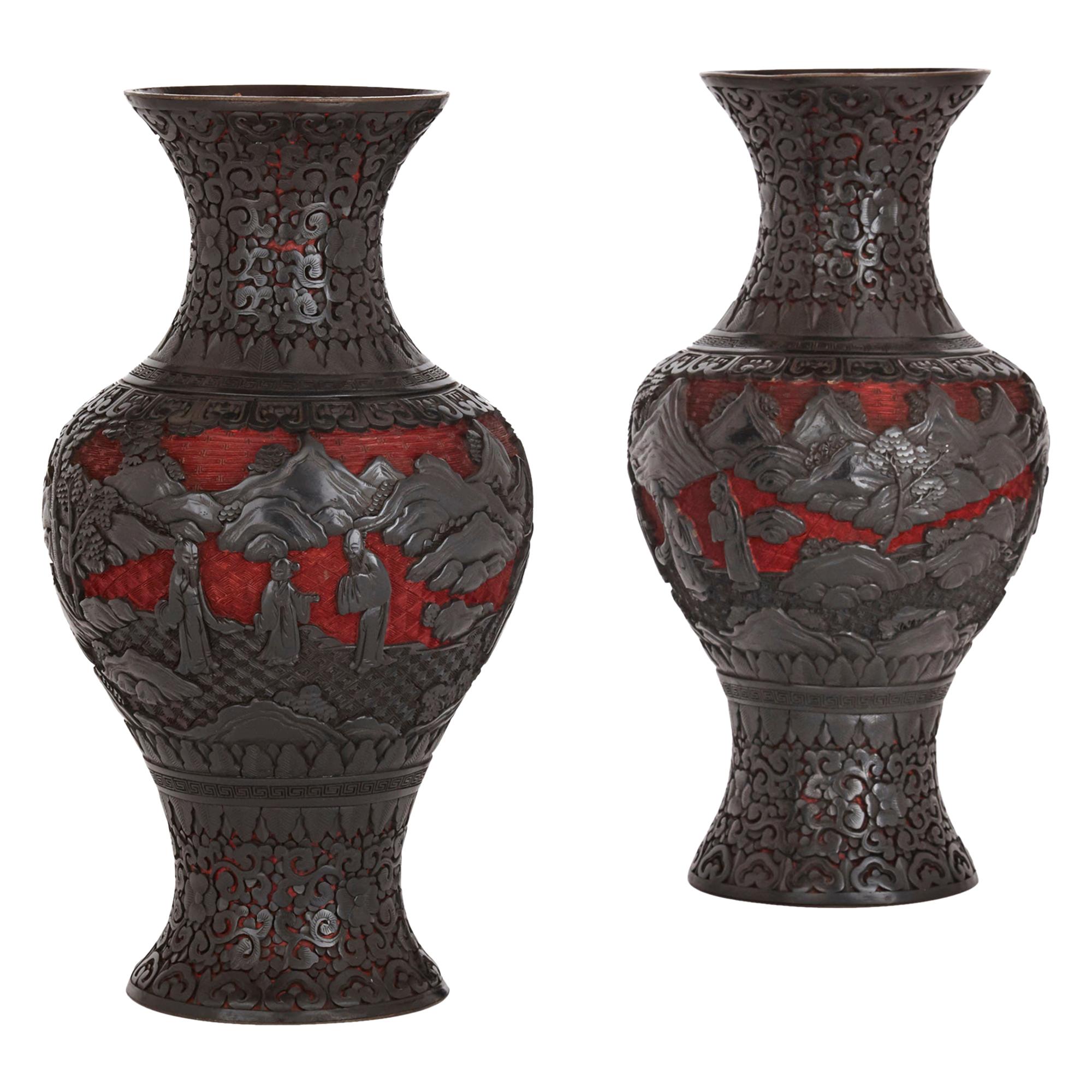 Pair of Huge Chinese HandCarved Wood Cinnabar Dragon and Bird Vases at
