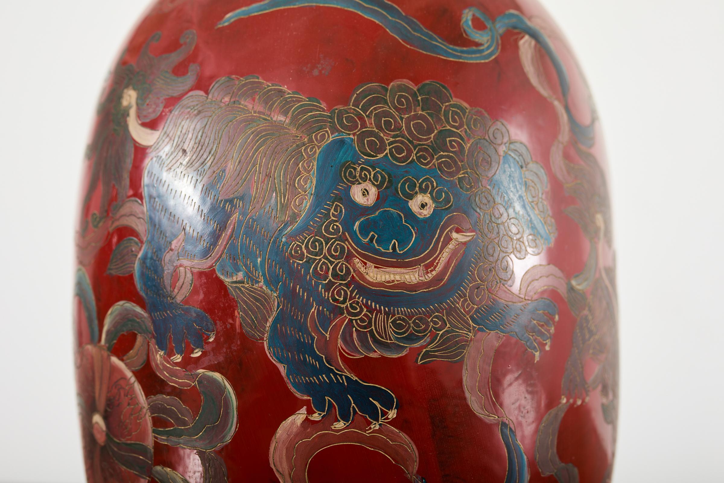 Pair of Chinese Qing Red Lacquer Foo Dog Lion Vases For Sale 9