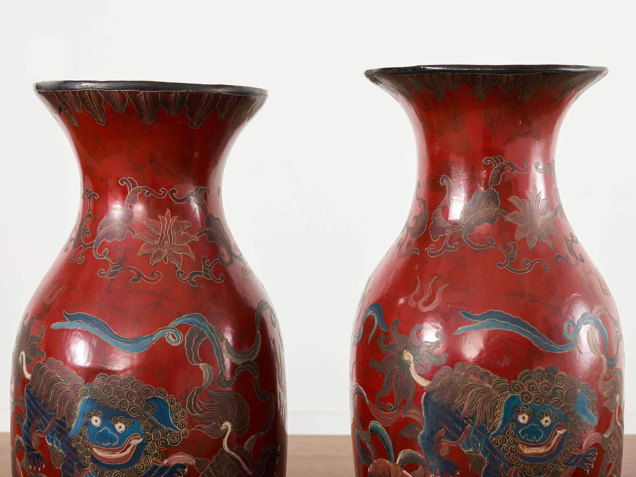 Pair of Chinese Qing Red Lacquer Foo Dog Lion Vases For Sale 10