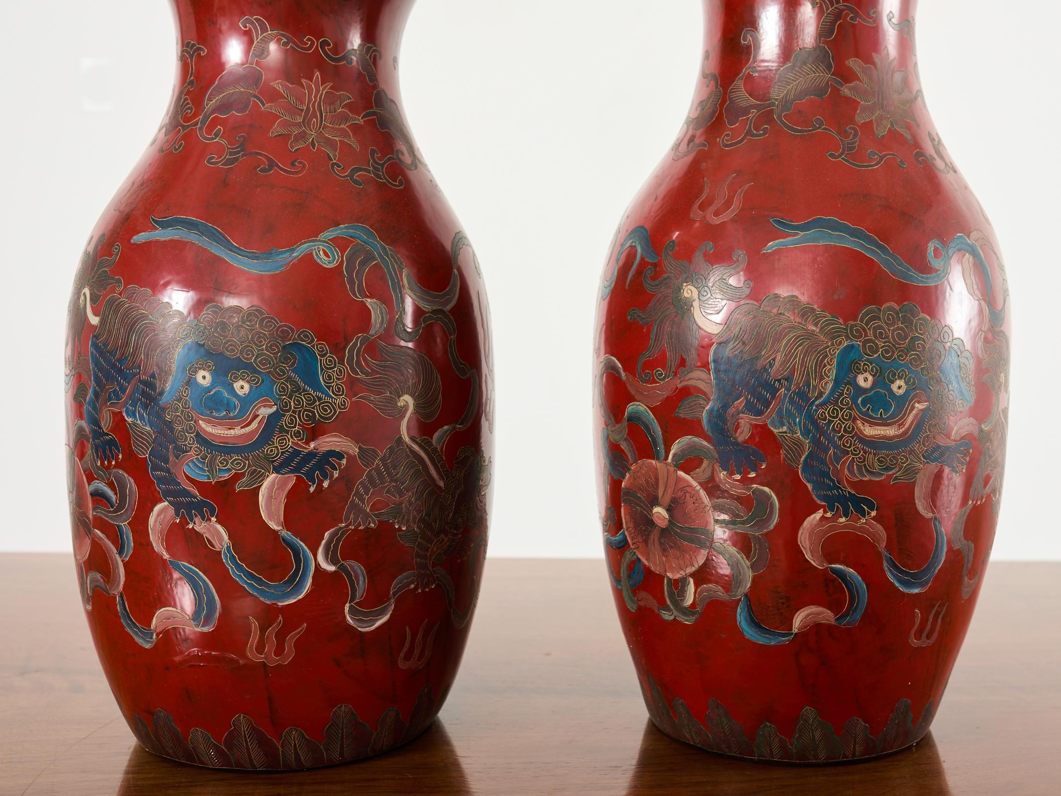 Pair of Chinese Qing Red Lacquer Foo Dog Lion Vases For Sale 11