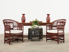 Pair of Chinese Qing Red Lacquer Foo Dog Lion Vases