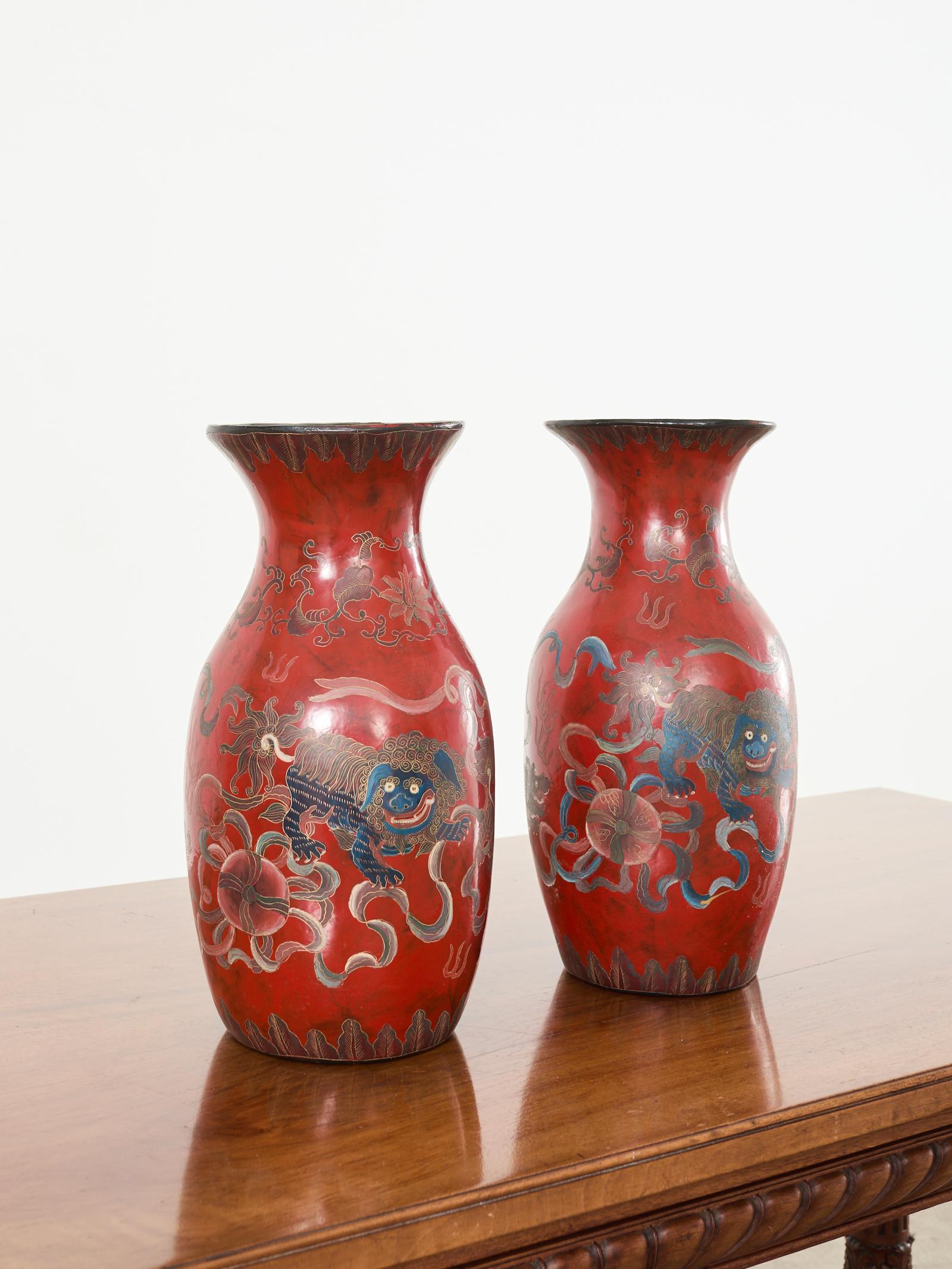 Hand-Crafted Pair of Chinese Qing Red Lacquer Foo Dog Lion Vases For Sale