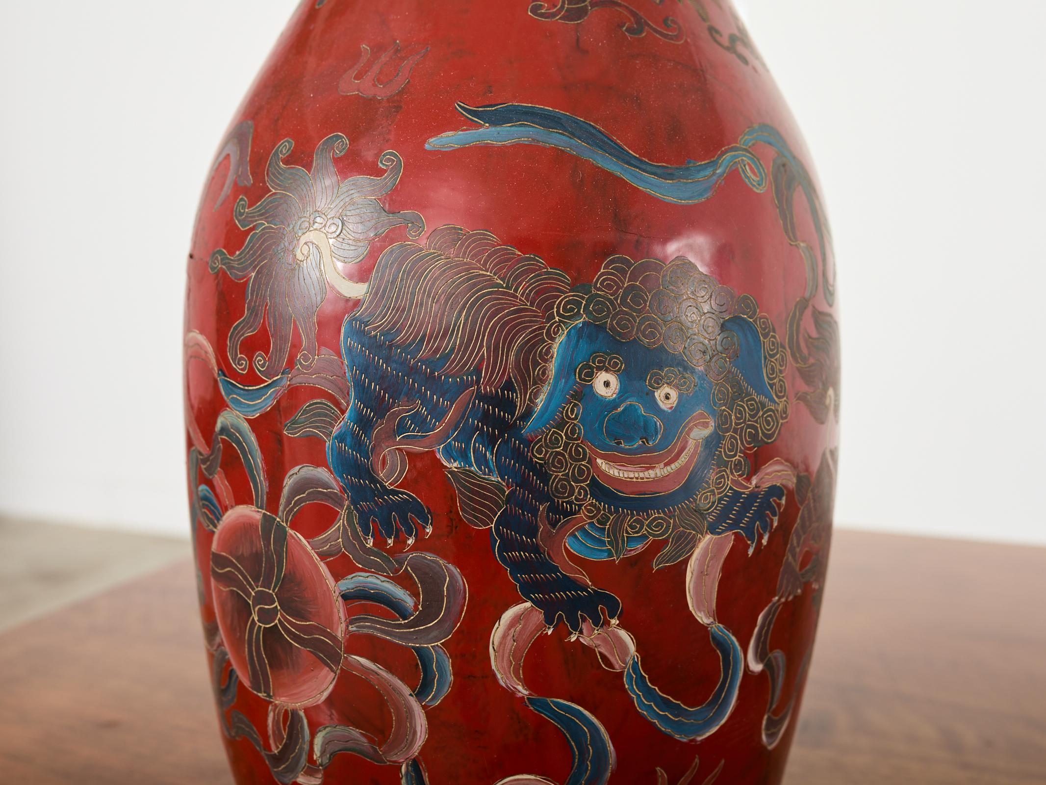 Pair of Chinese Qing Red Lacquer Foo Dog Lion Vases For Sale 2