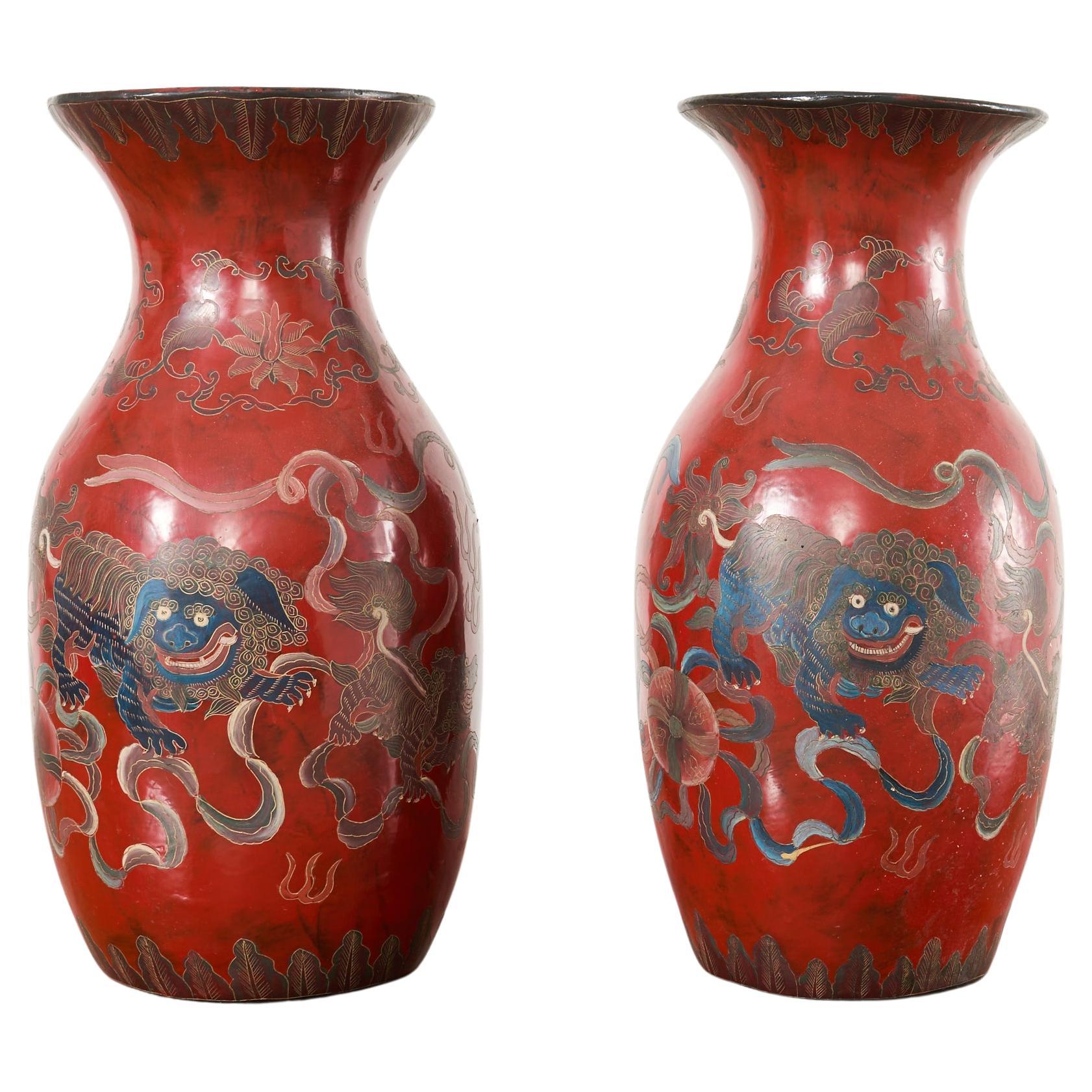 Pair of Chinese Qing Red Lacquer Foo Dog Lion Vases For Sale