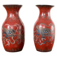 Antique Pair of Chinese Qing Red Lacquer Foo Dog Lion Vases