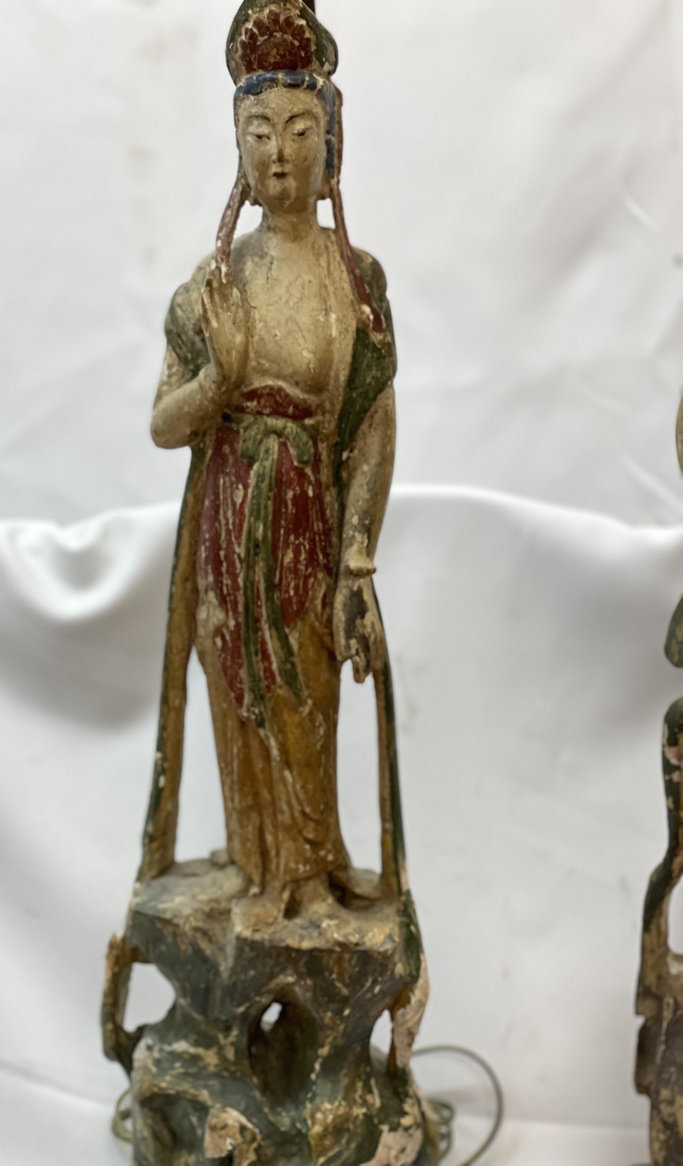 Pair of Chinese Quan Yin covered and polychromed wood table lamp 19th century   In Excellent Condition For Sale In San Francisco, CA