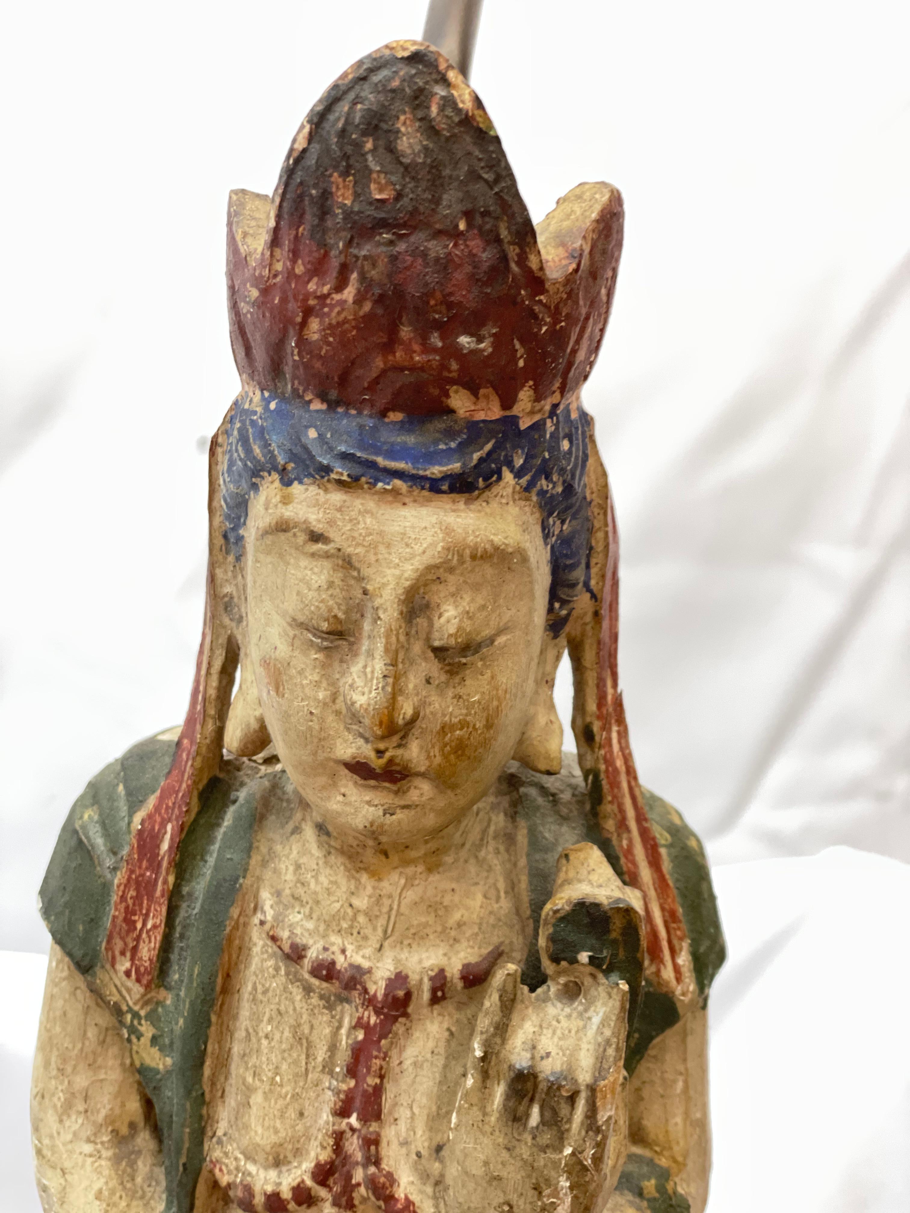 19th Century Pair of Chinese Quan Yin covered and polychromed wood table lamp 19th century   For Sale