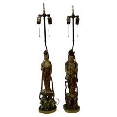 Pair of Chinese Quan Yin covered and polychromed wood table lamp 19th century  