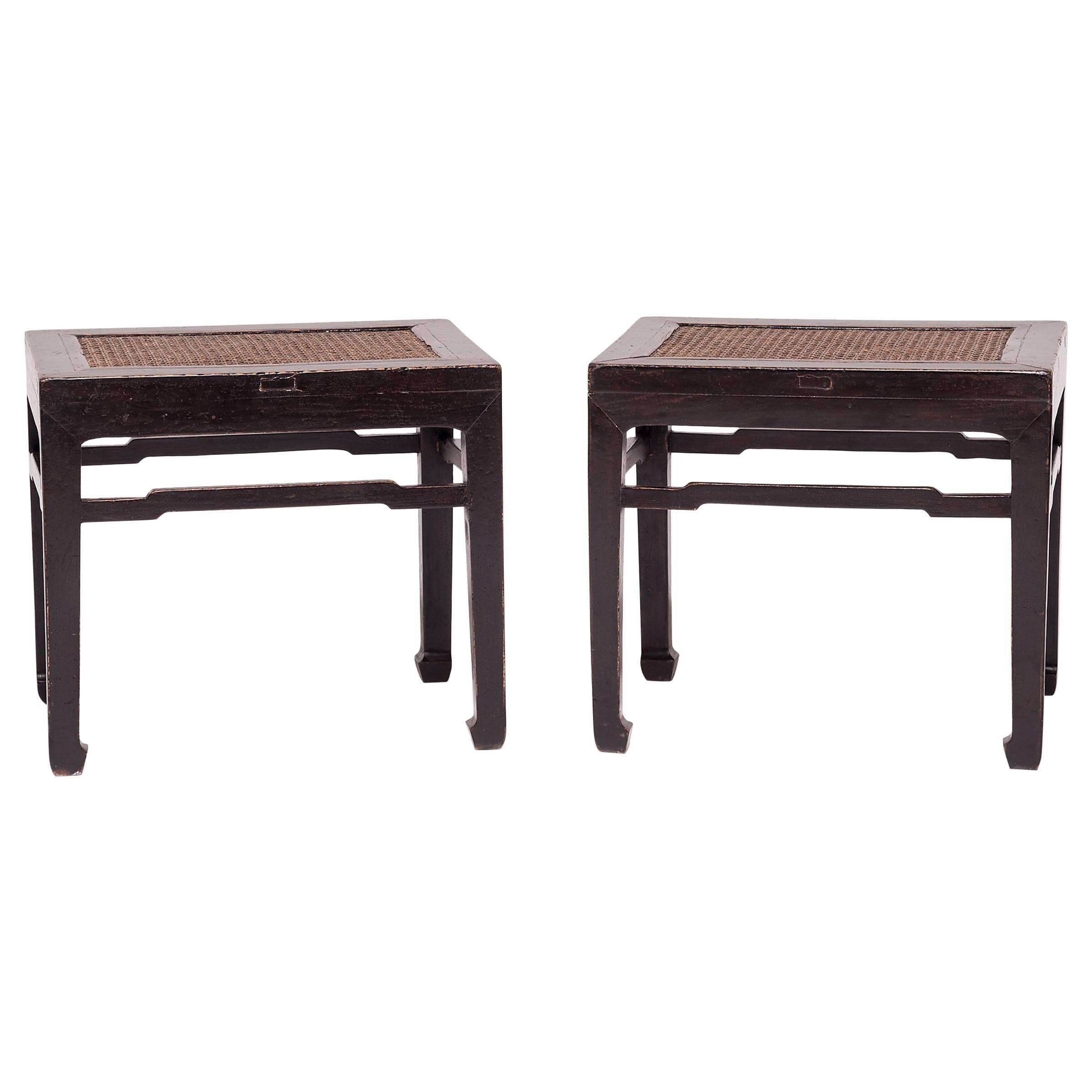 Pair of Chinese Rattan Top Black Lacquer Stools For Sale