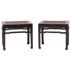 Antique Pair of Chinese Rattan Top Black Lacquer Stools