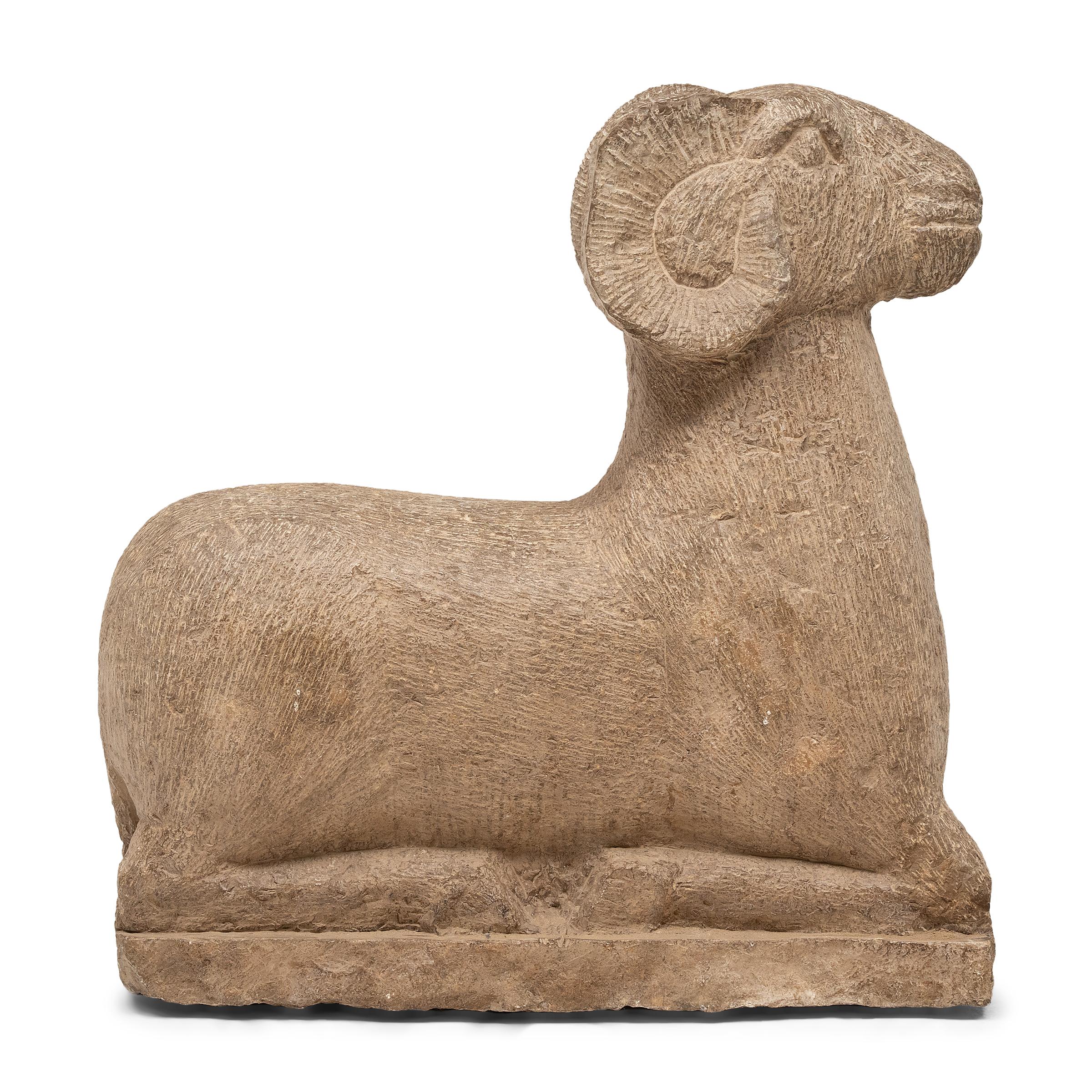 Qing Pair of Chinese Kneeling Stone Rams, c. 1900 For Sale