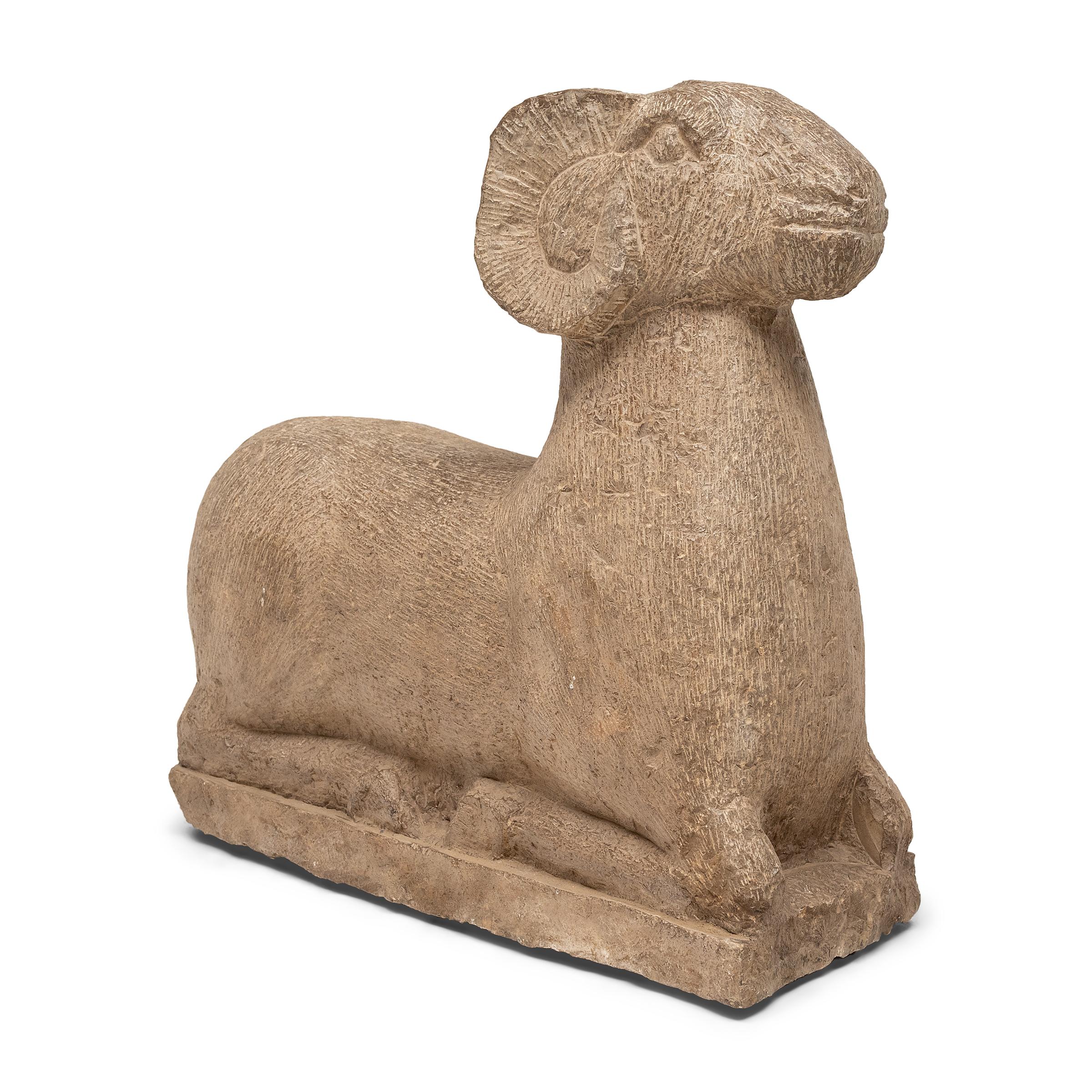 Carved Pair of Chinese Kneeling Stone Rams, c. 1900 For Sale