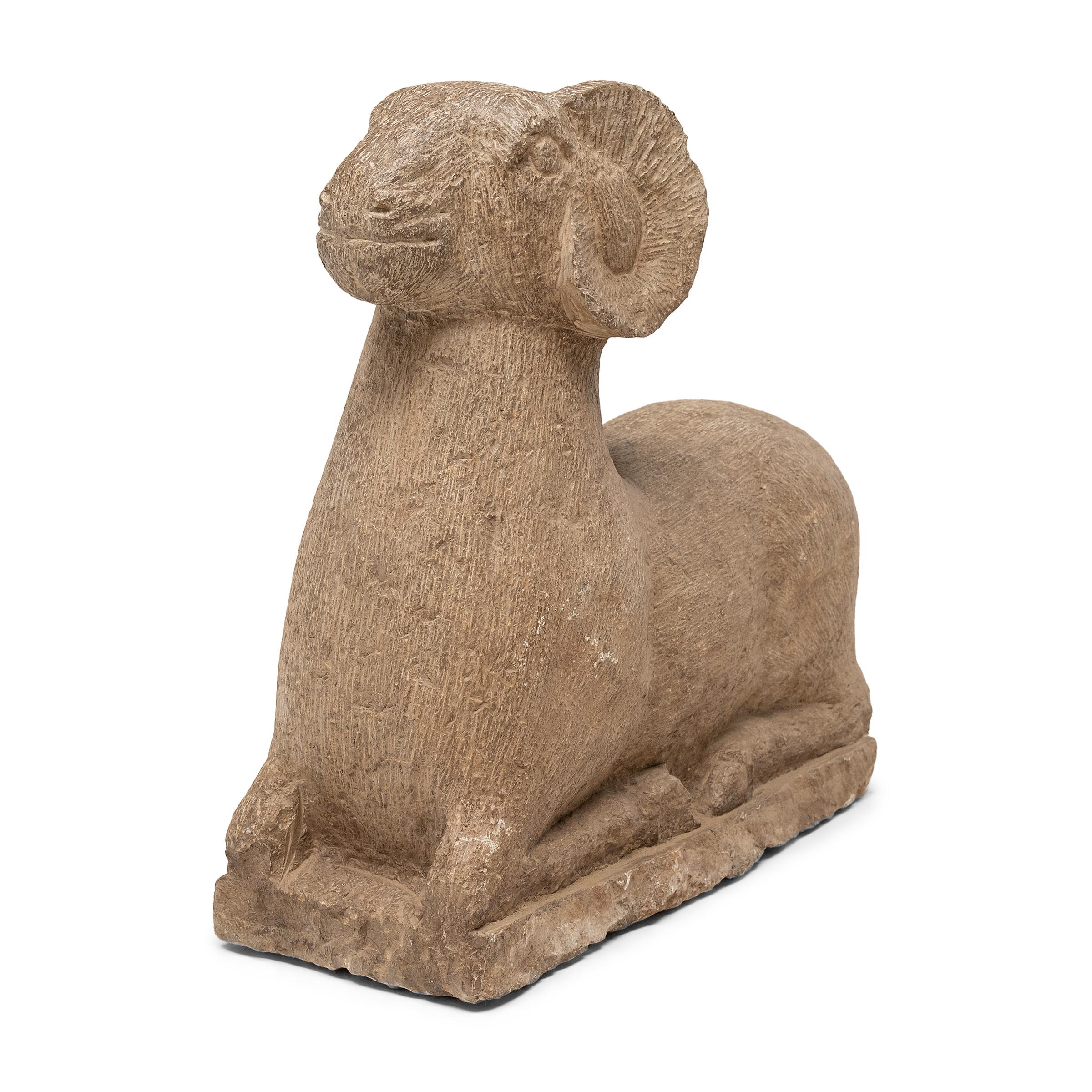 Pair of Chinese Kneeling Stone Rams, c. 1900 In Good Condition For Sale In Chicago, IL