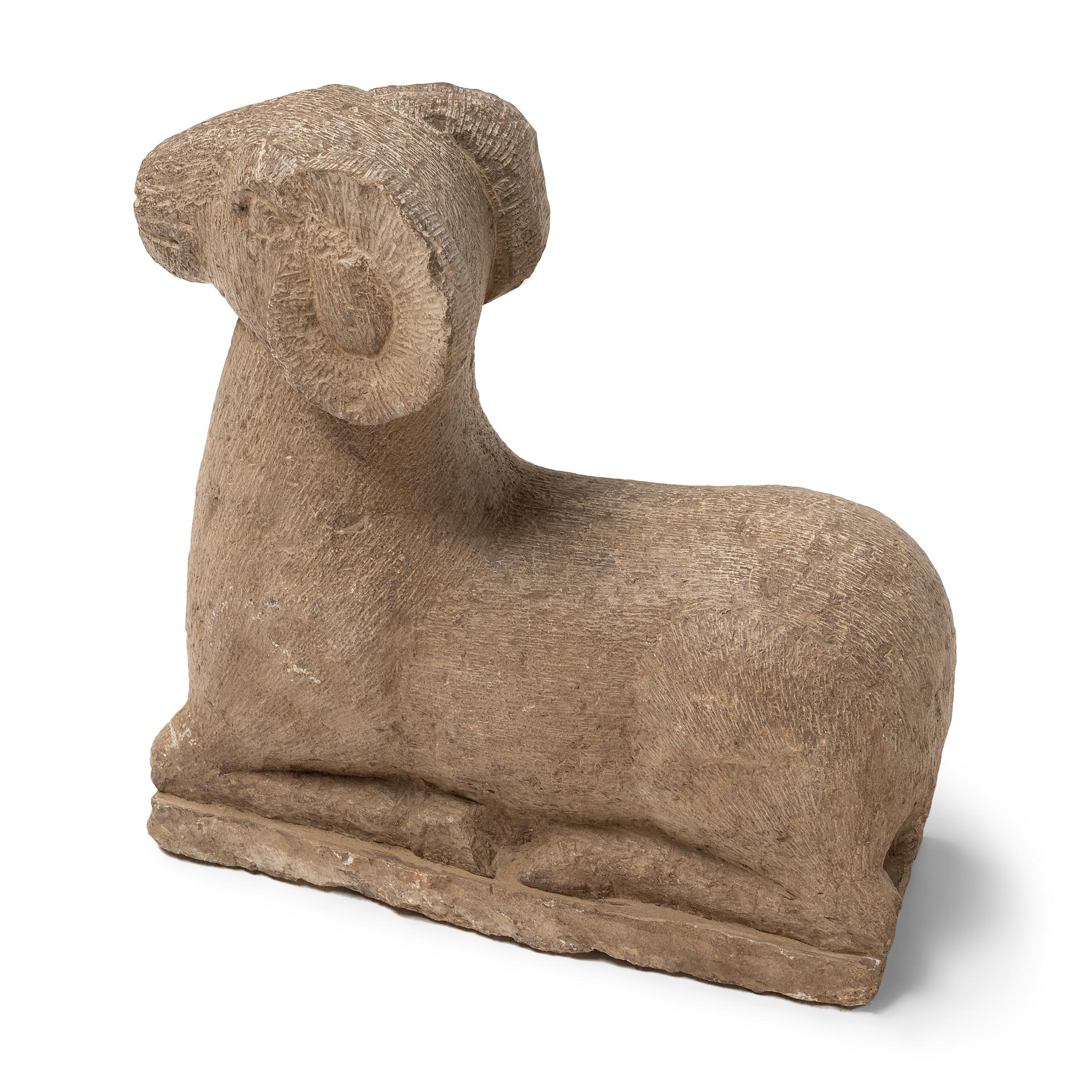 20th Century Pair of Chinese Kneeling Stone Rams, c. 1900 For Sale