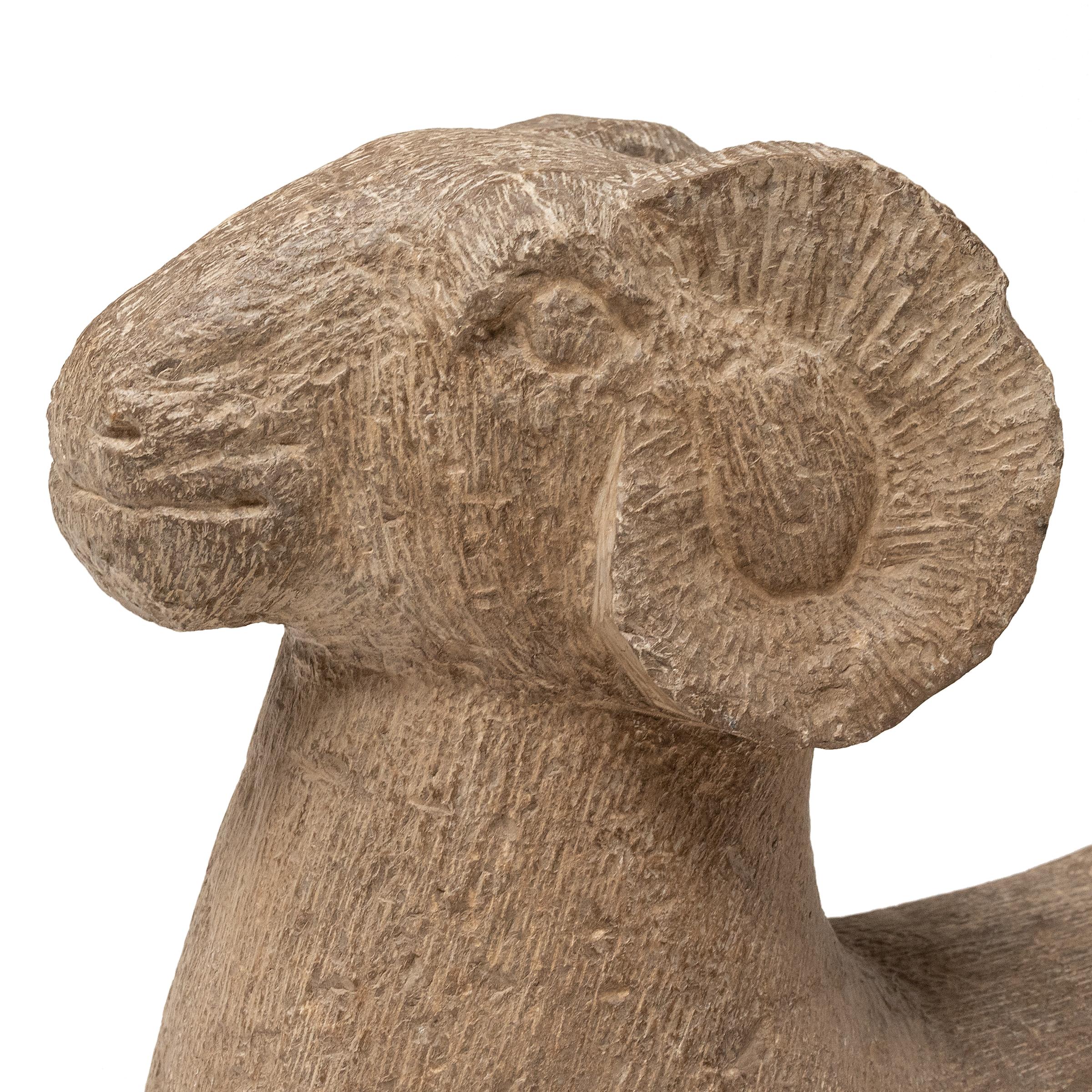 Limestone Pair of Chinese Kneeling Stone Rams, c. 1900 For Sale
