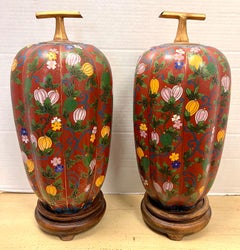 Pair of Chinese Red and Bronze Cloisonne Gourd Covered Urns Jars