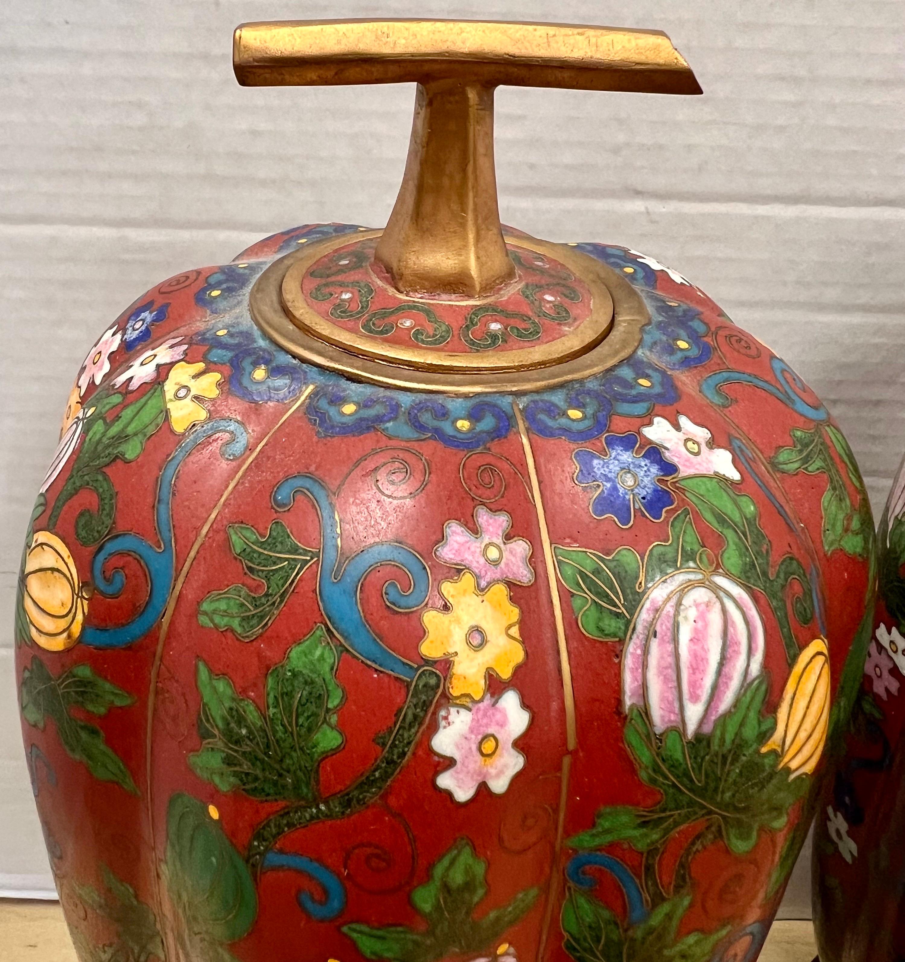 Pair of Chinese Red and Bronze Cloisonne Gourd Covered Urns Jars In Good Condition In West Hartford, CT