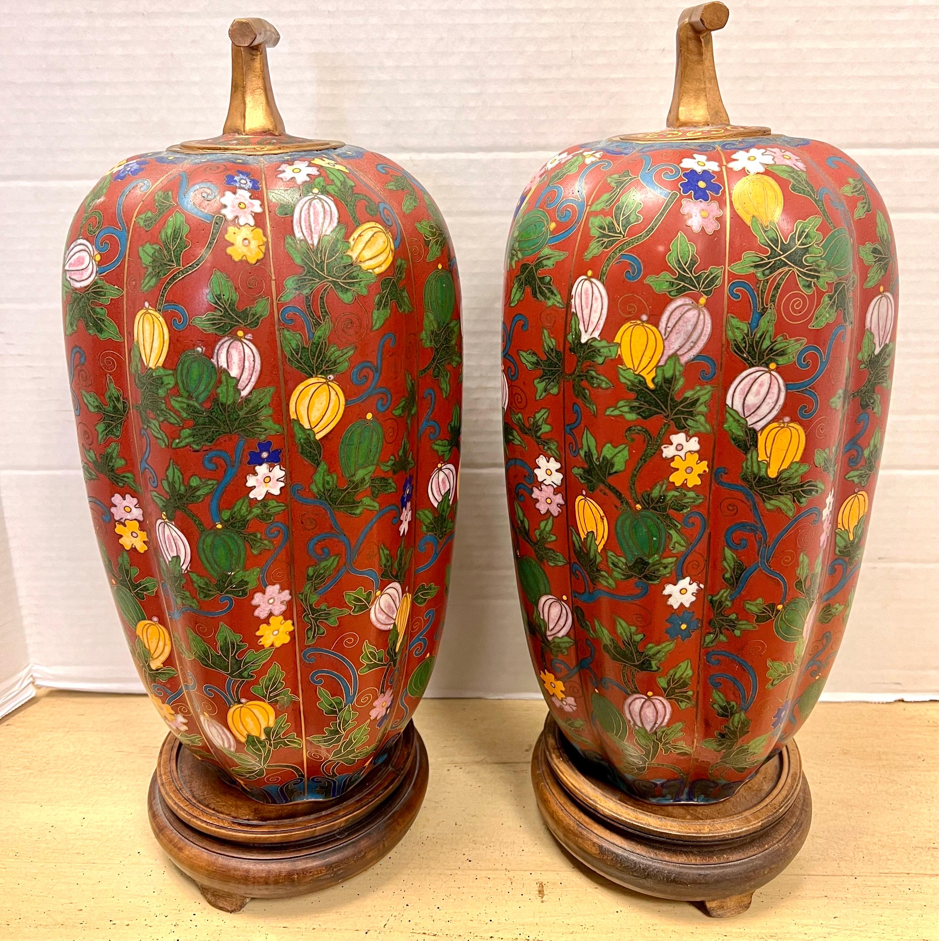 20th Century Pair of Chinese Red and Bronze Cloisonne Gourd Covered Urns Jars