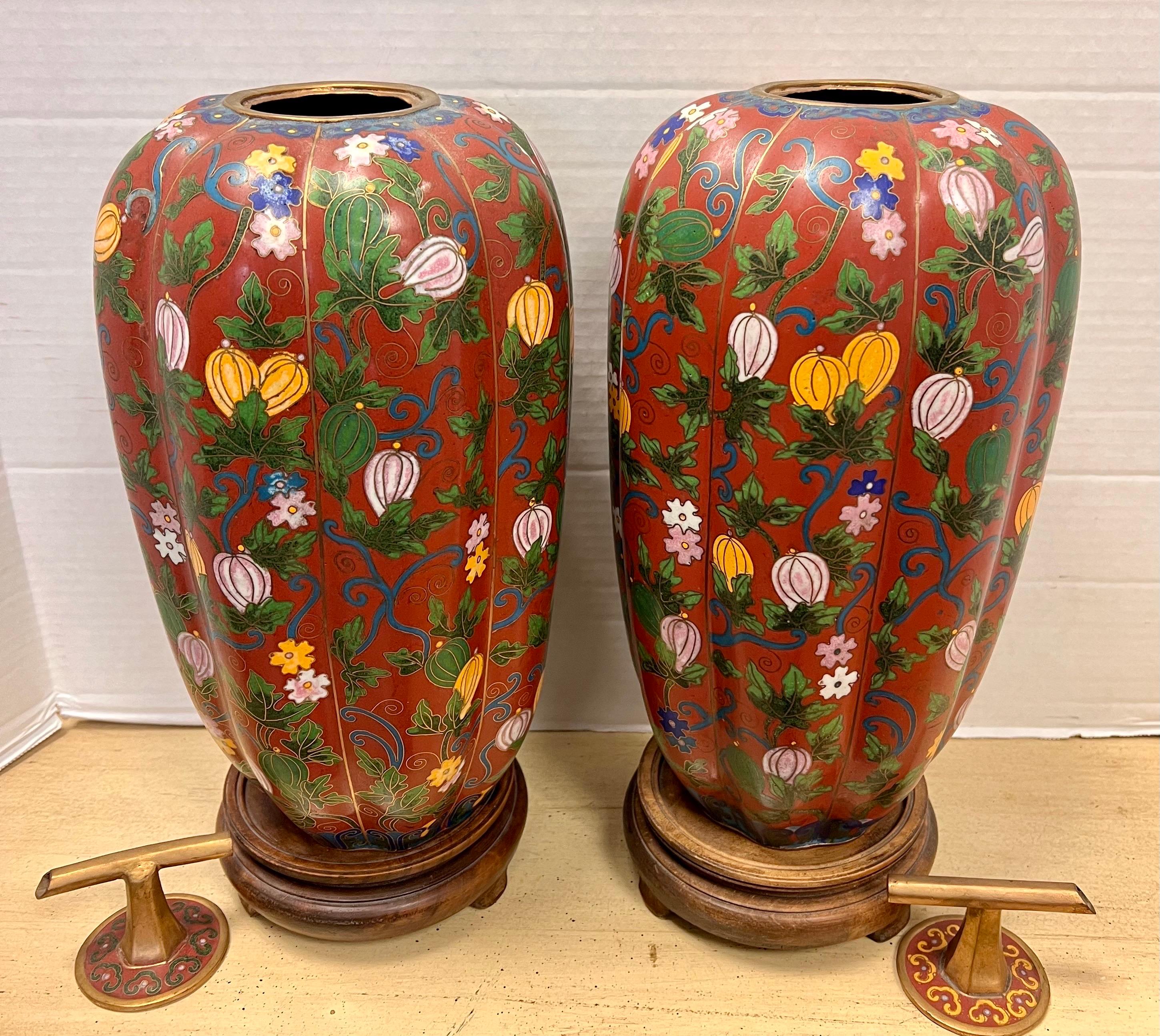 Gold Pair of Chinese Red and Bronze Cloisonne Gourd Covered Urns Jars