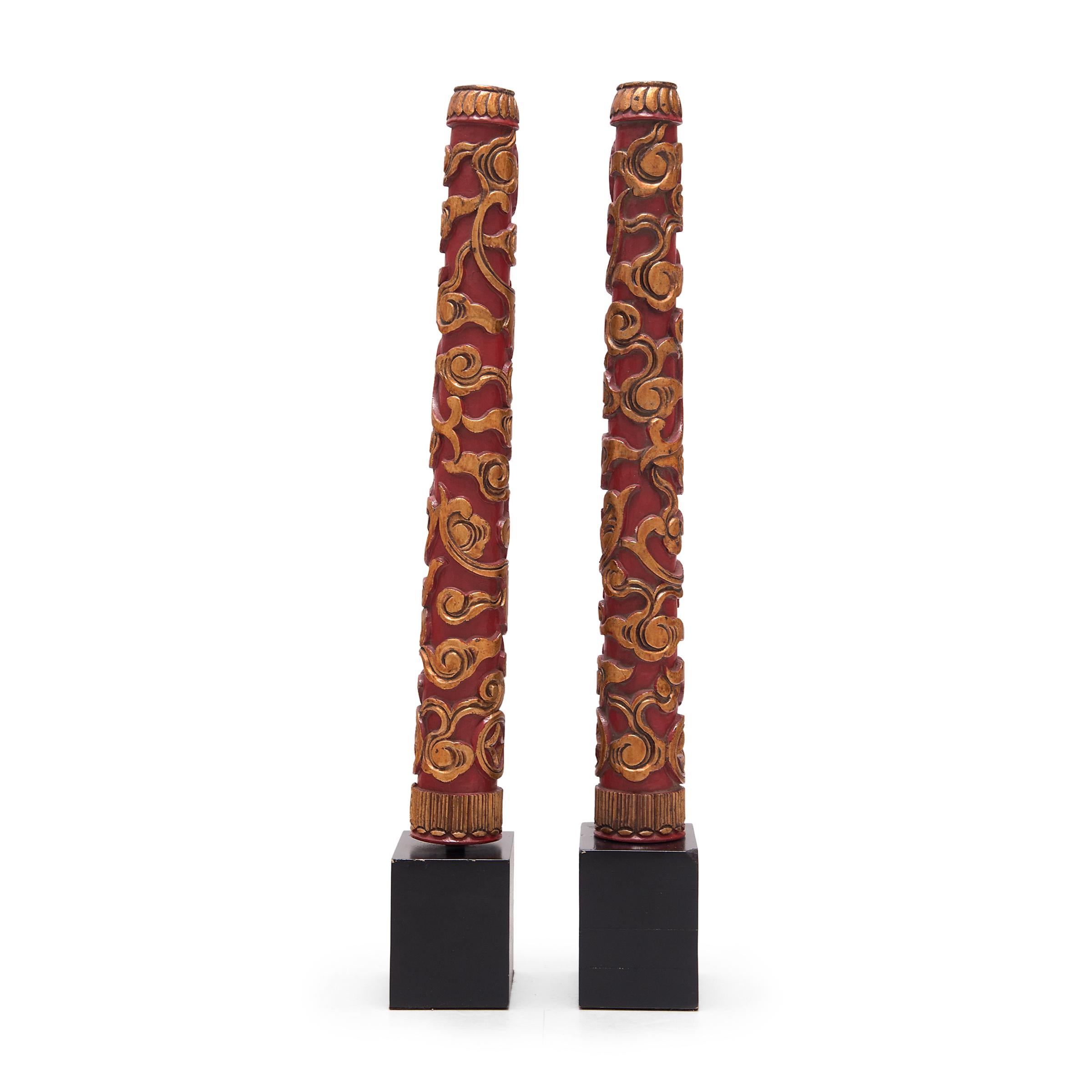 Carved Pair of Chinese Red and Gold Incense Stands, c. 1900 For Sale