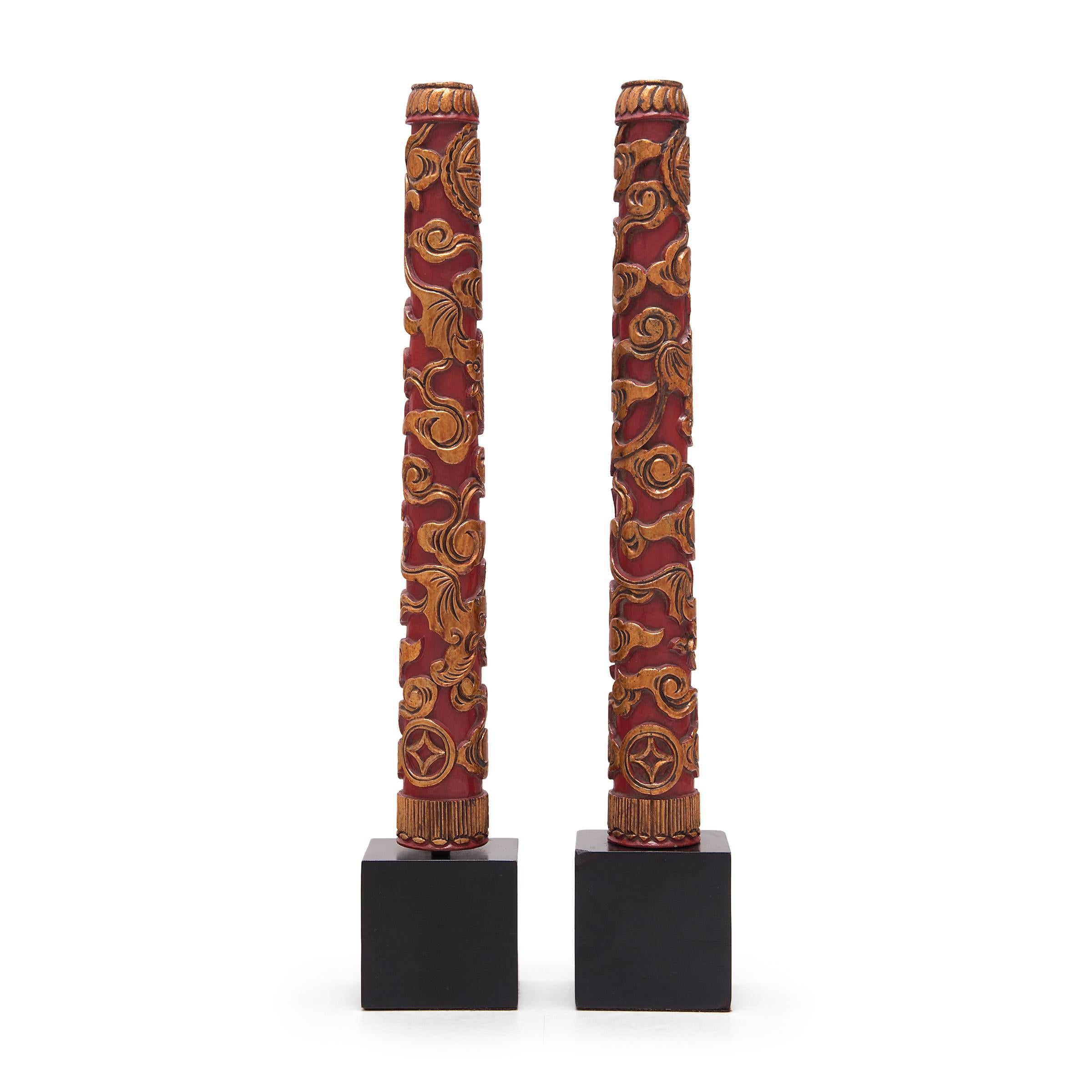 Pair of Chinese Red and Gold Incense Stands, c. 1900 In Good Condition For Sale In Chicago, IL