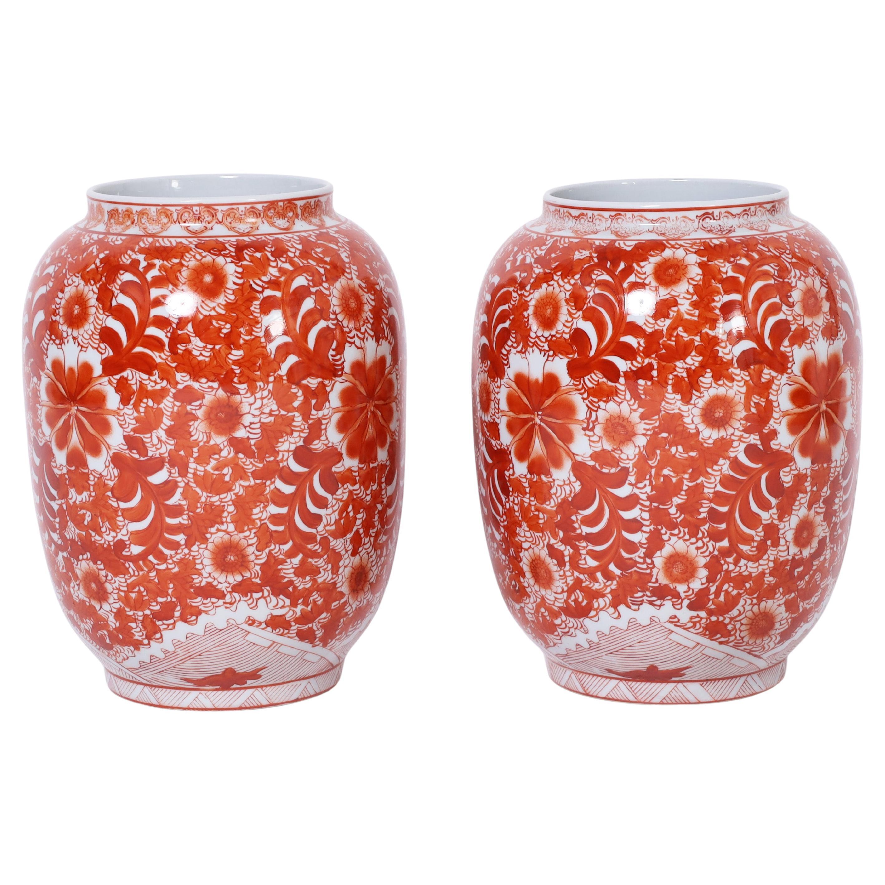 Pair of Chinese Red and White Porcelain Jars or Vases