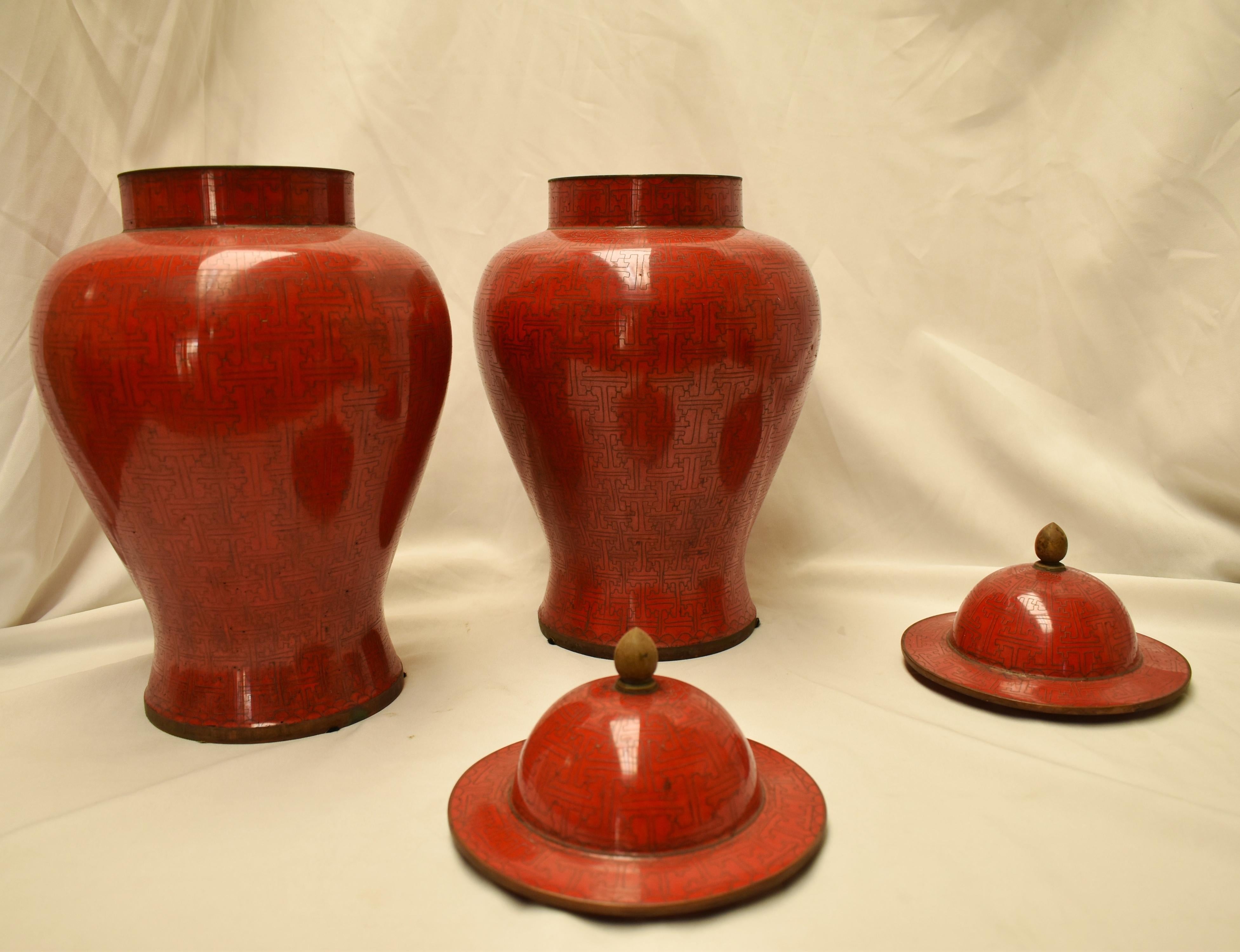 Pair of Chinese Red Cloisonné Ginger Jars, Mid-20th Century In Good Condition In Cypress, CA