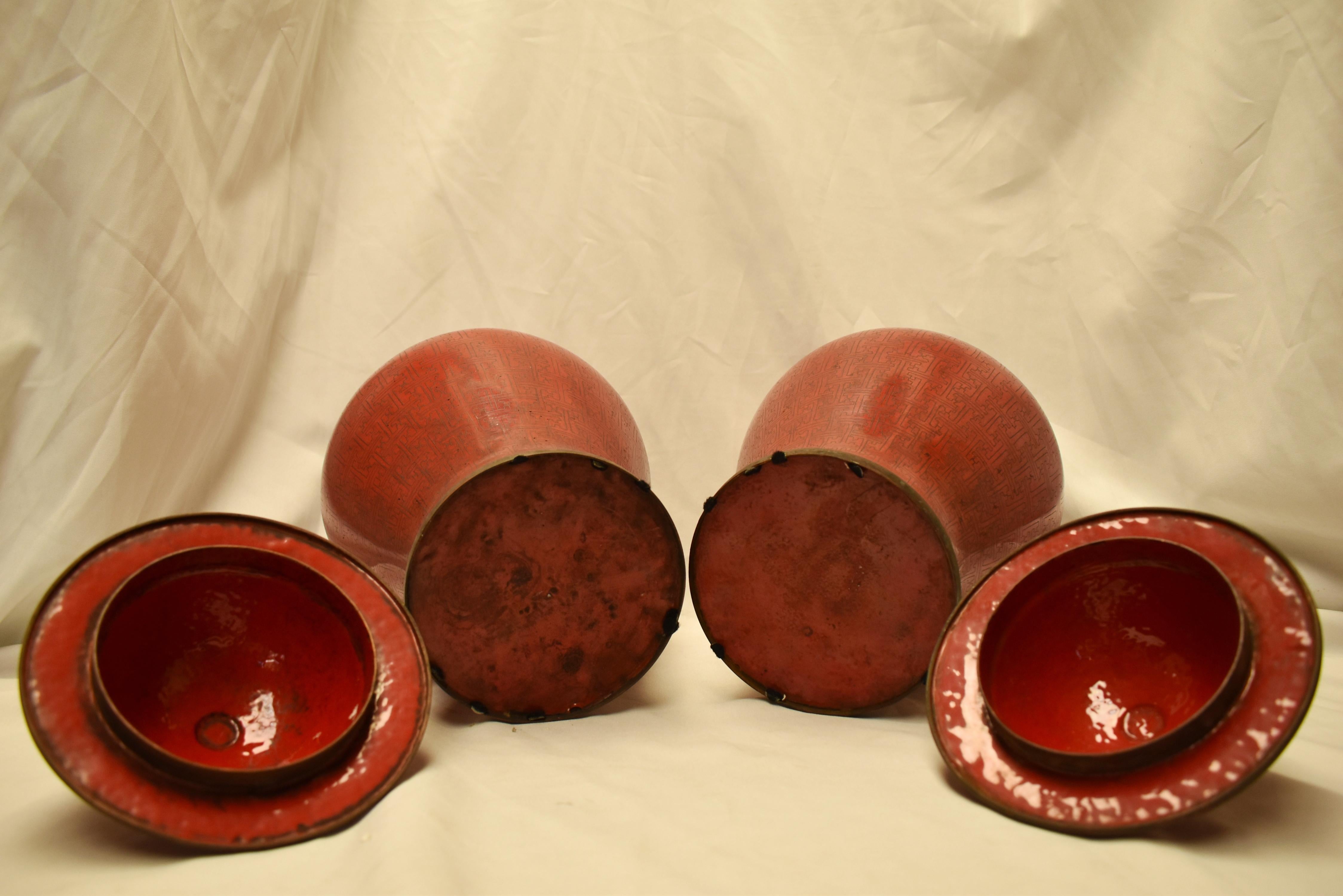 Metal Pair of Chinese Red Cloisonné Ginger Jars, Mid-20th Century