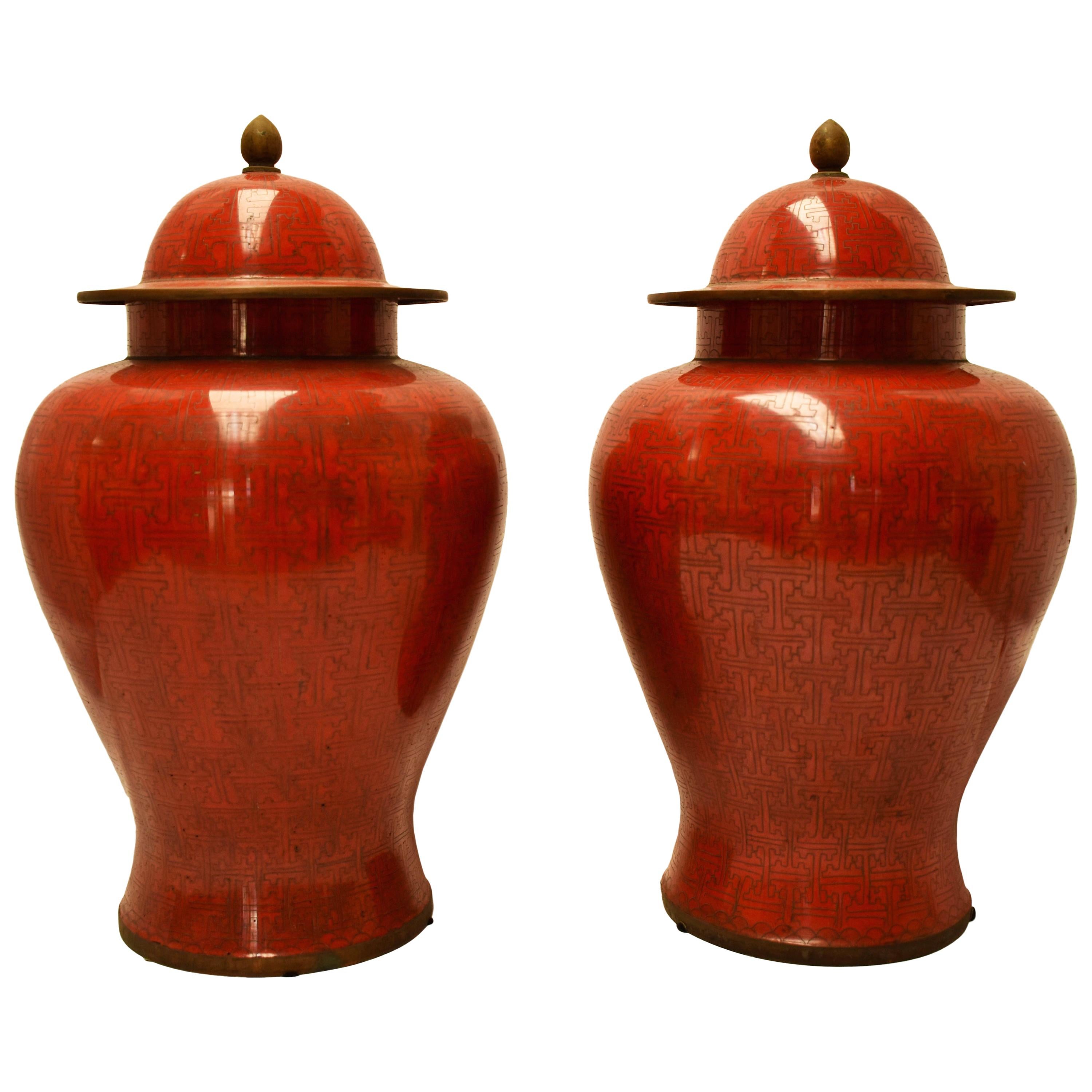 Pair of Chinese Red Cloisonné Ginger Jars, Mid-20th Century