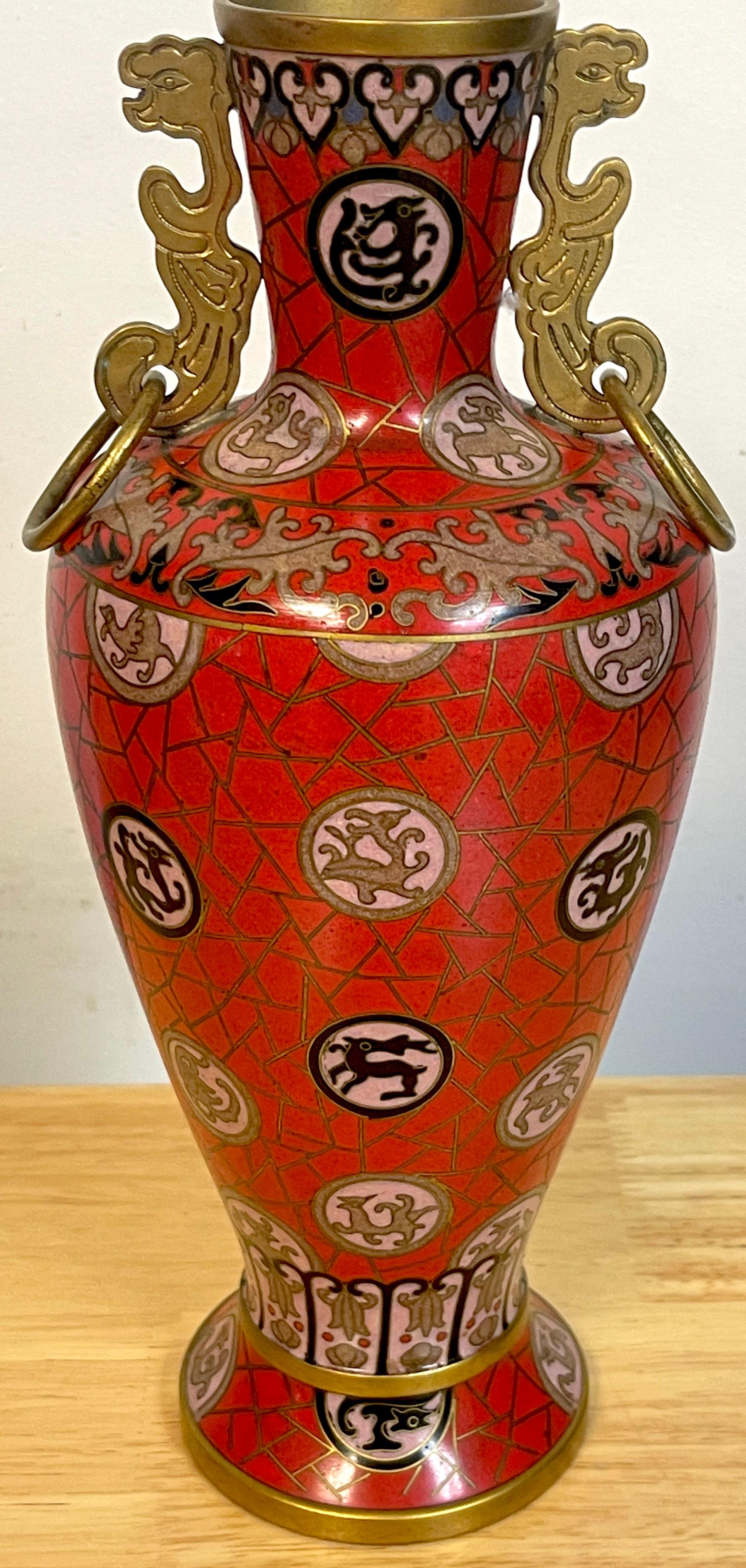 Pair of Chinese Red Cloisonné Zodiac Vases, with Stands For Sale 3