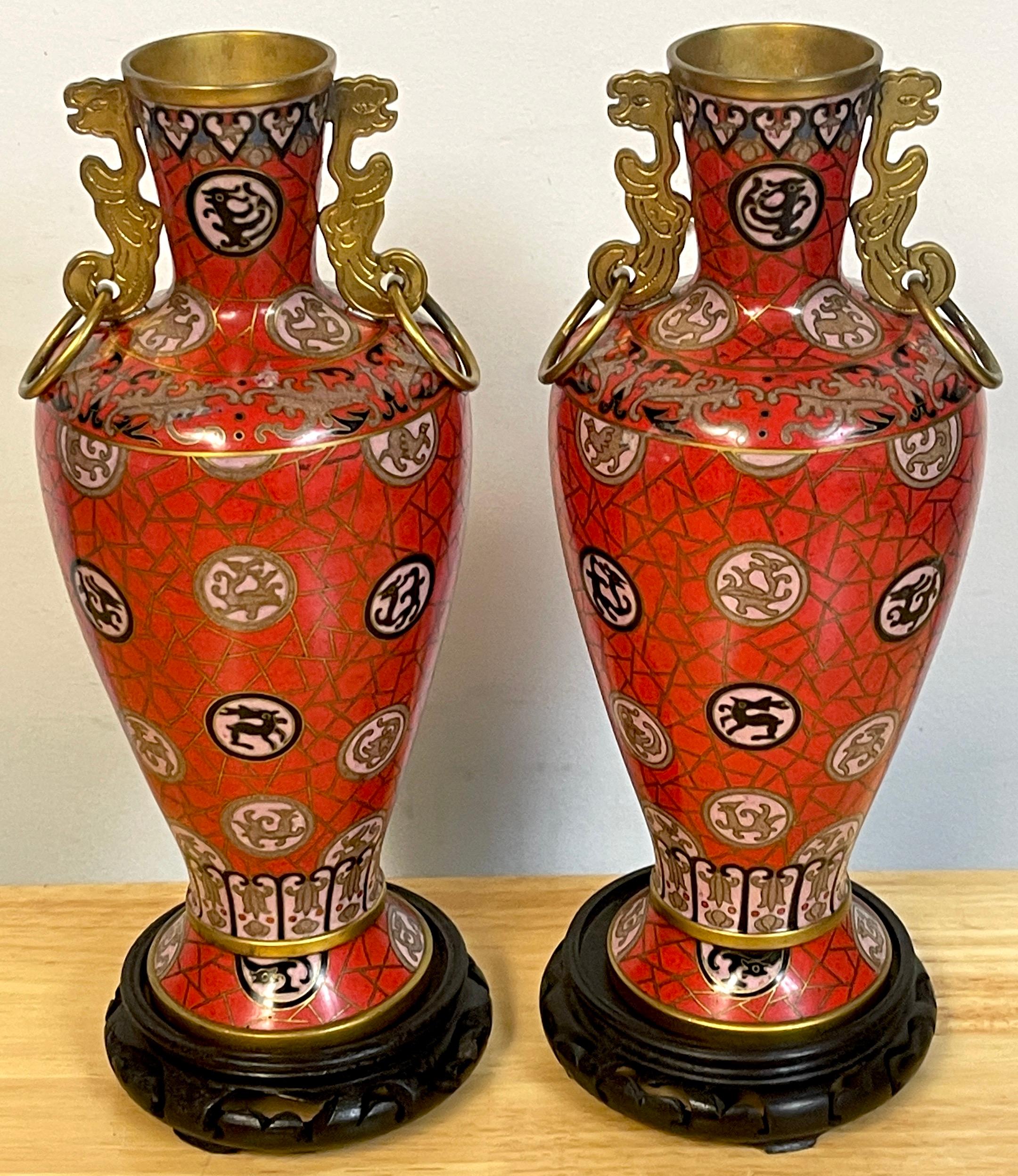 Chinese Export Pair of Chinese Red Cloisonné Zodiac Vases, with Stands For Sale