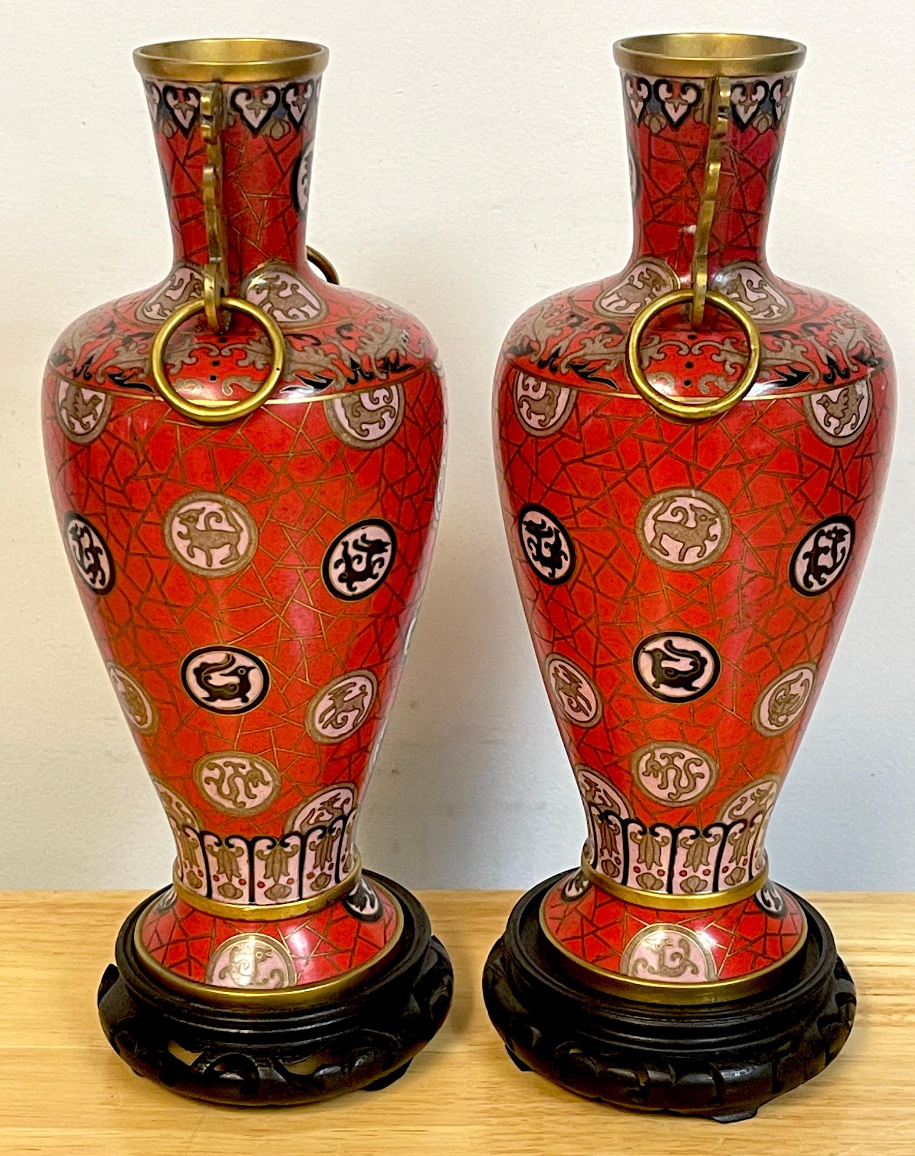 Cloissoné Pair of Chinese Red Cloisonné Zodiac Vases, with Stands For Sale