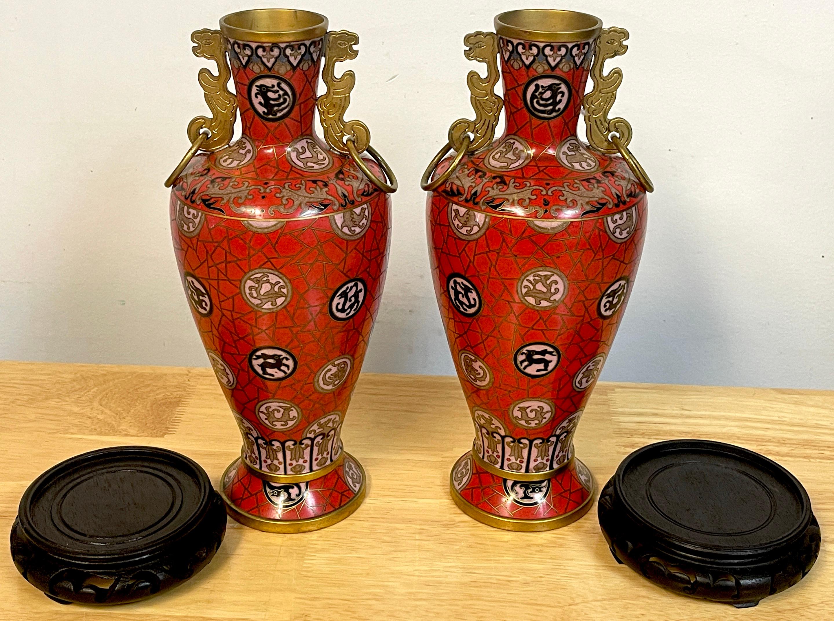 Pair of Chinese Red Cloisonné Zodiac Vases, with Stands In Good Condition For Sale In West Palm Beach, FL