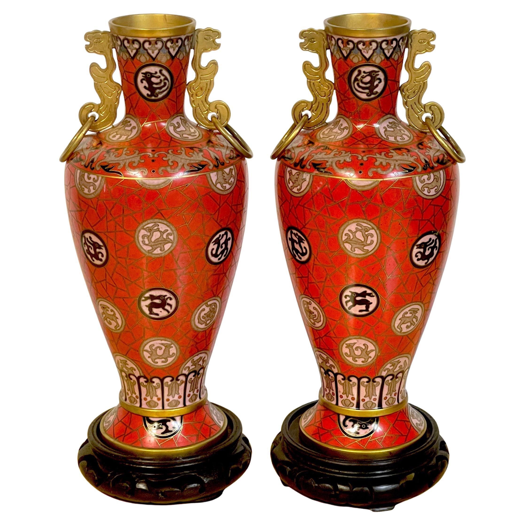 Pair of Chinese Red Cloisonné Zodiac Vases, with Stands