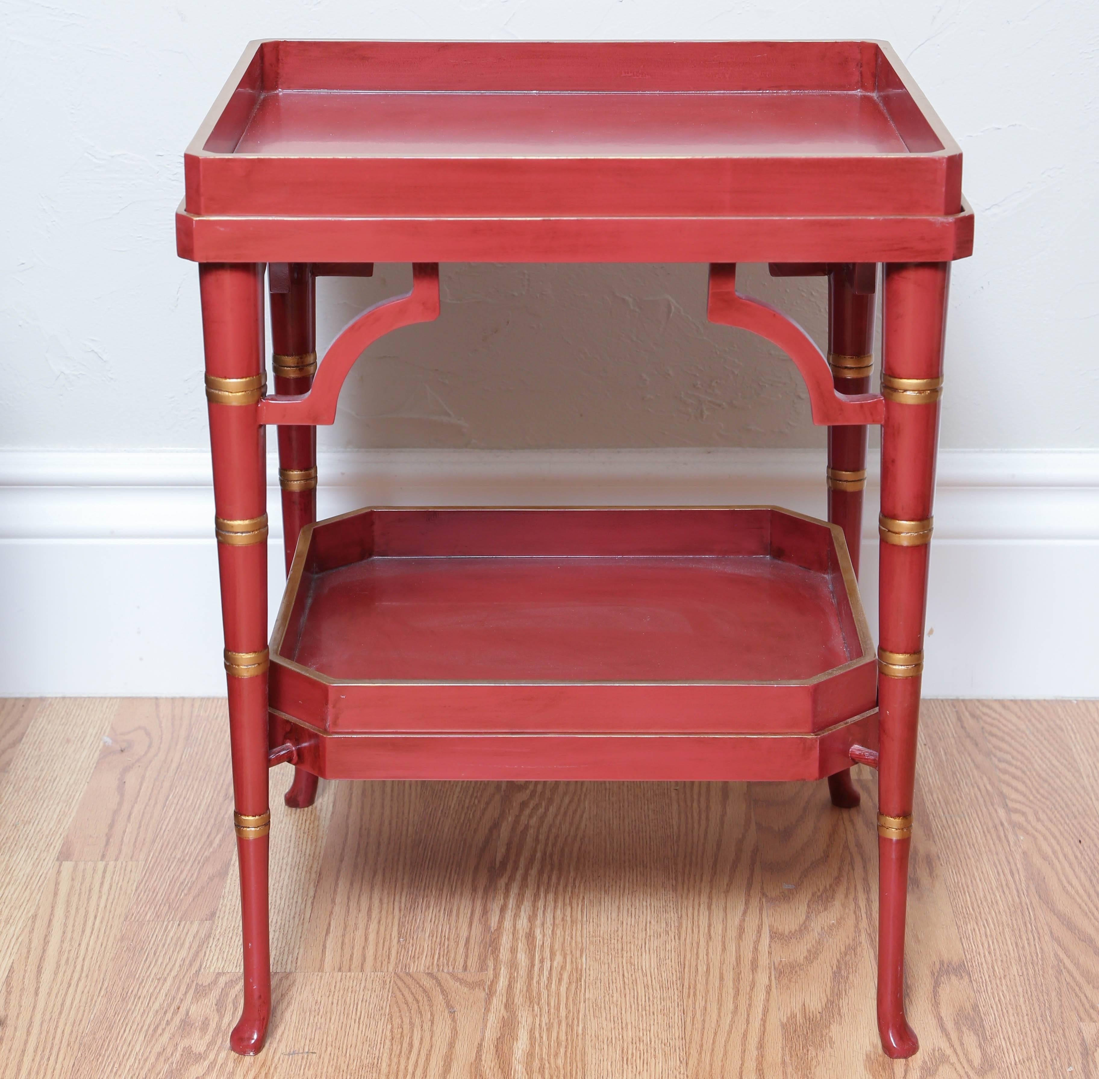 Pair of Chinese Chippendale red double tray tables.