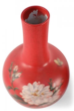Pair of Chinese Red Flower Design Hand-Painted Porcelain Vases