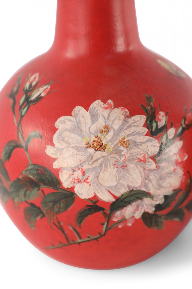 Chinese Export Pair of Chinese Red Flower Design Hand-Painted Porcelain Vases For Sale
