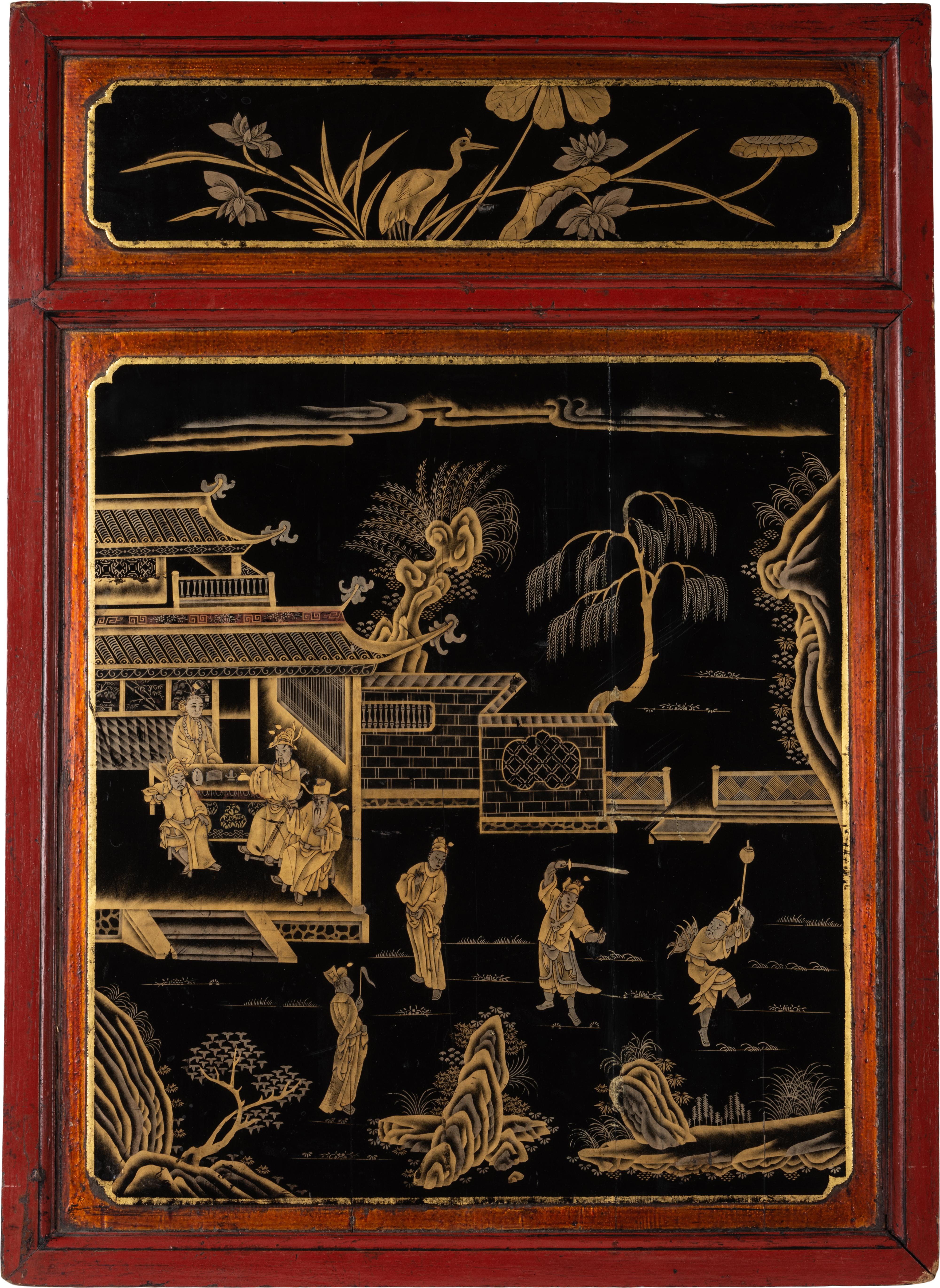 Chinoiserie Pair of Chinese Red, Gold and Black Lacquered Panels
