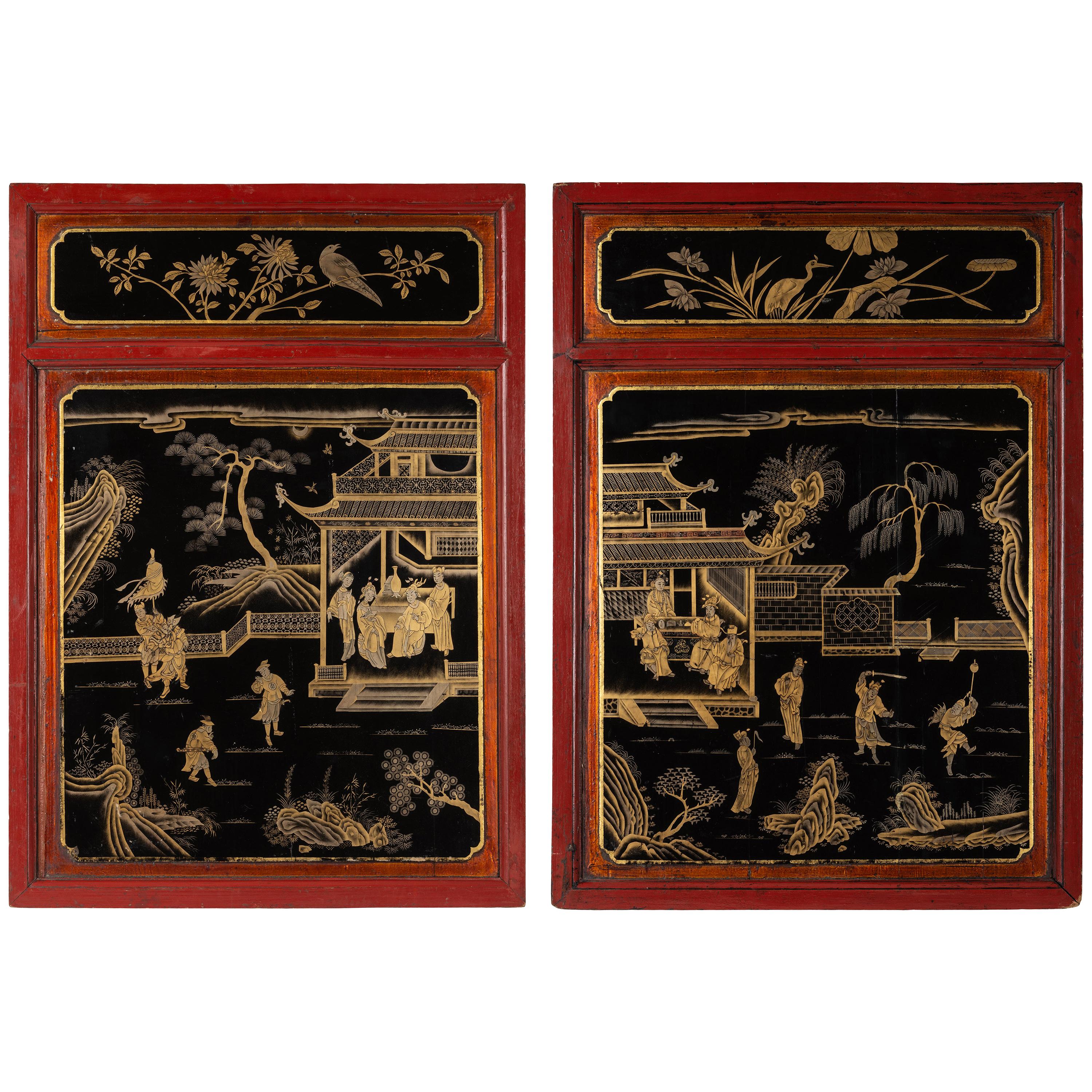 Pair of Chinese Red, Gold and Black Lacquered Panels