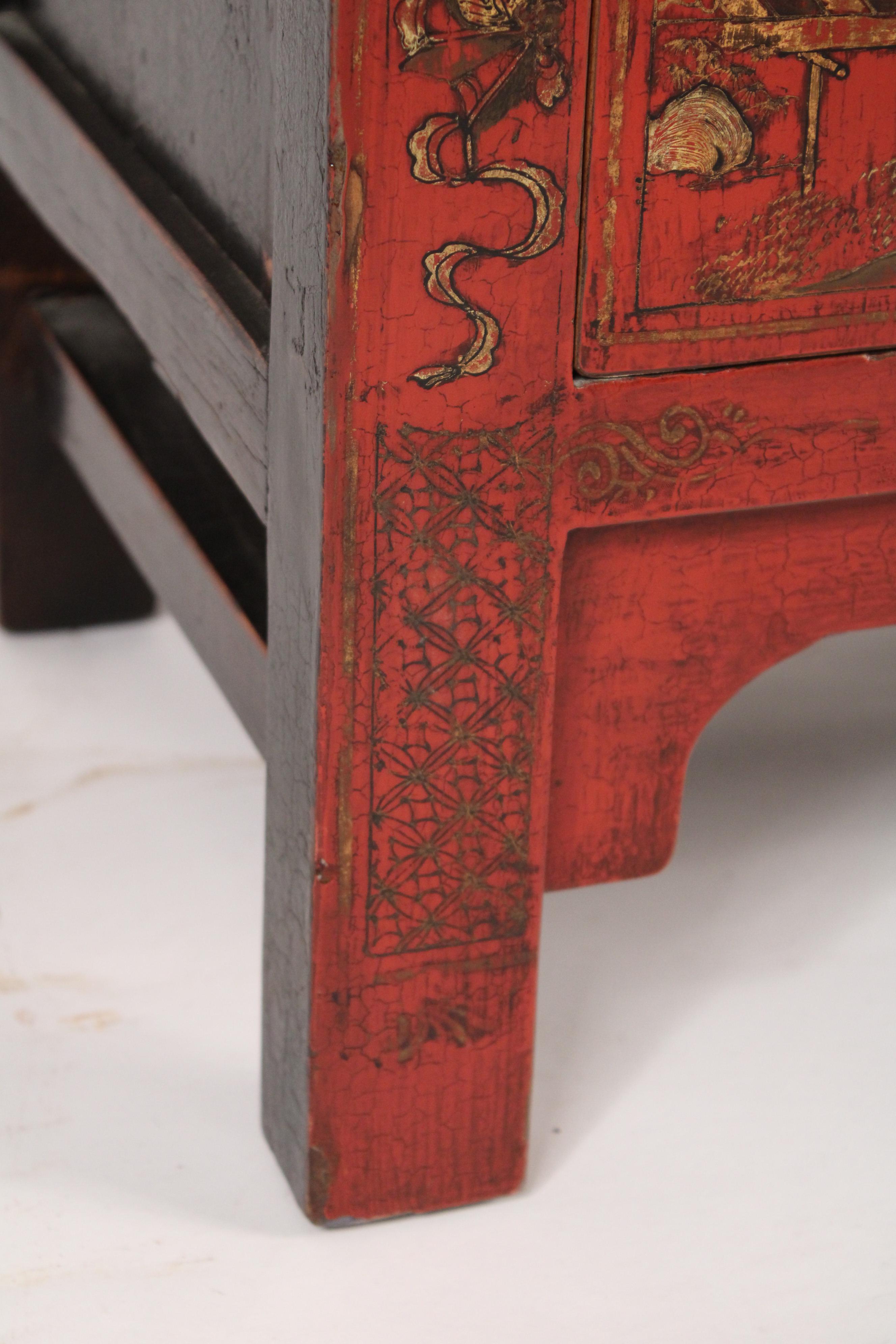 Pair of Chinese Red Lacquer and Gilt Decorated Occasional Cabinets 4