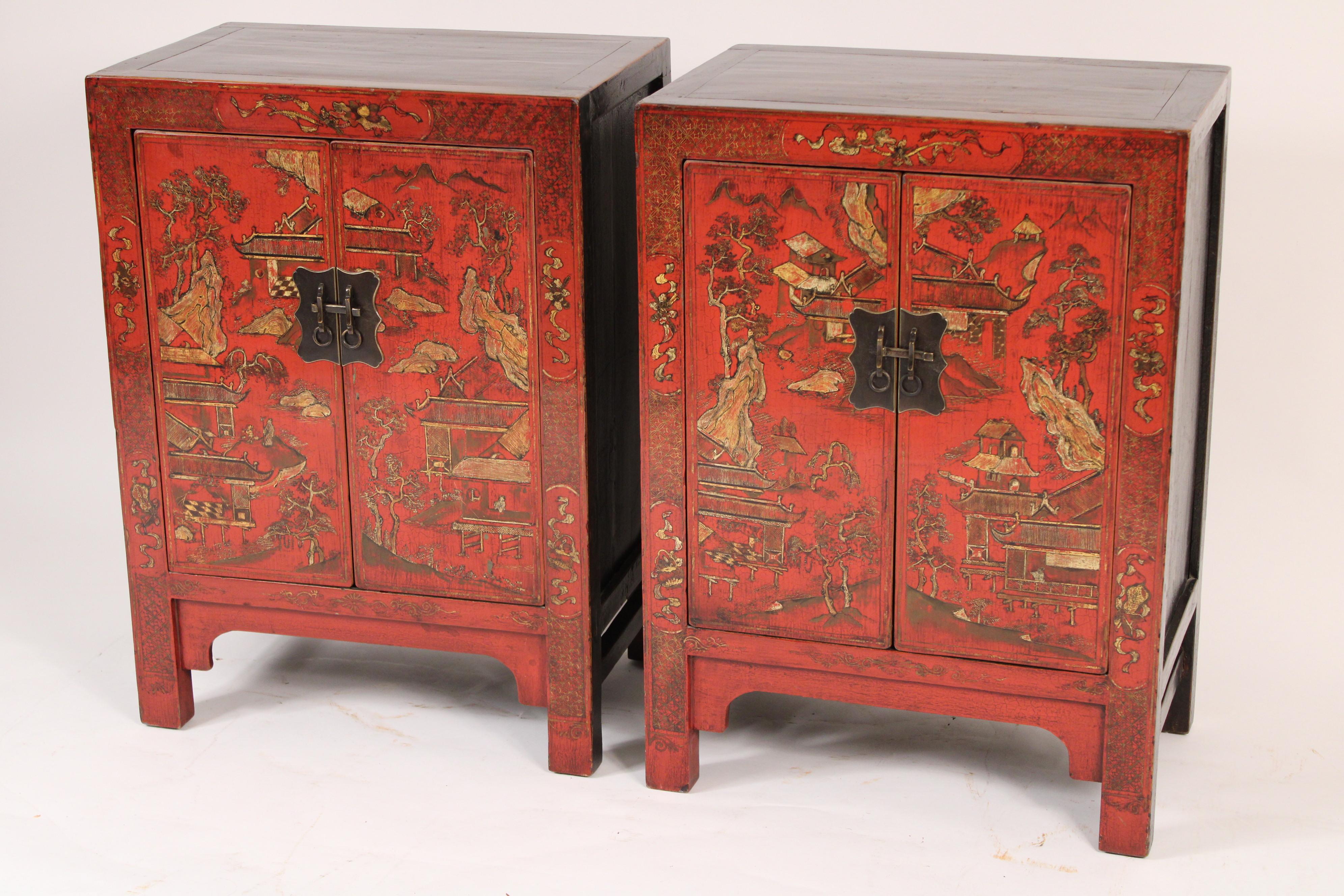 Chinoiserie Pair of Chinese Red Lacquer and Gilt Decorated Occasional Cabinets