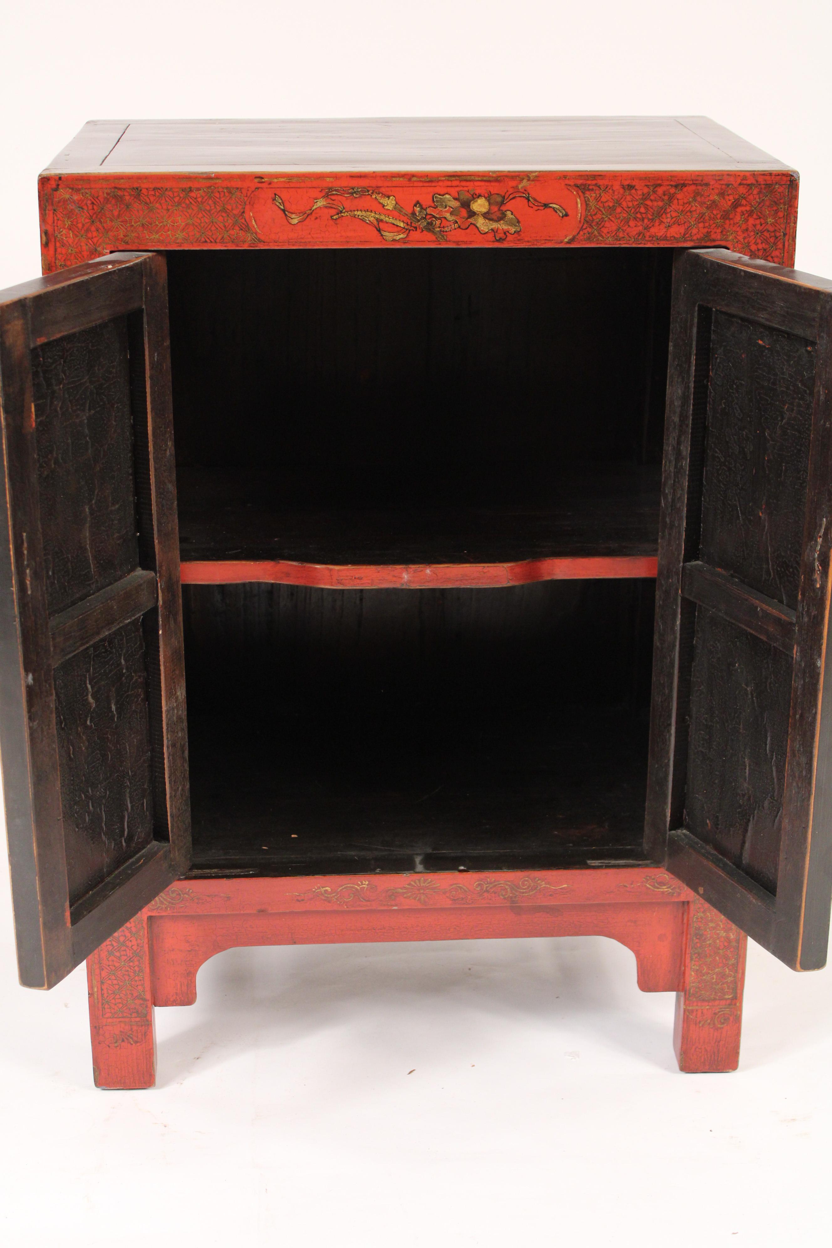 Mid-20th Century Pair of Chinese Red Lacquer and Gilt Decorated Occasional Cabinets