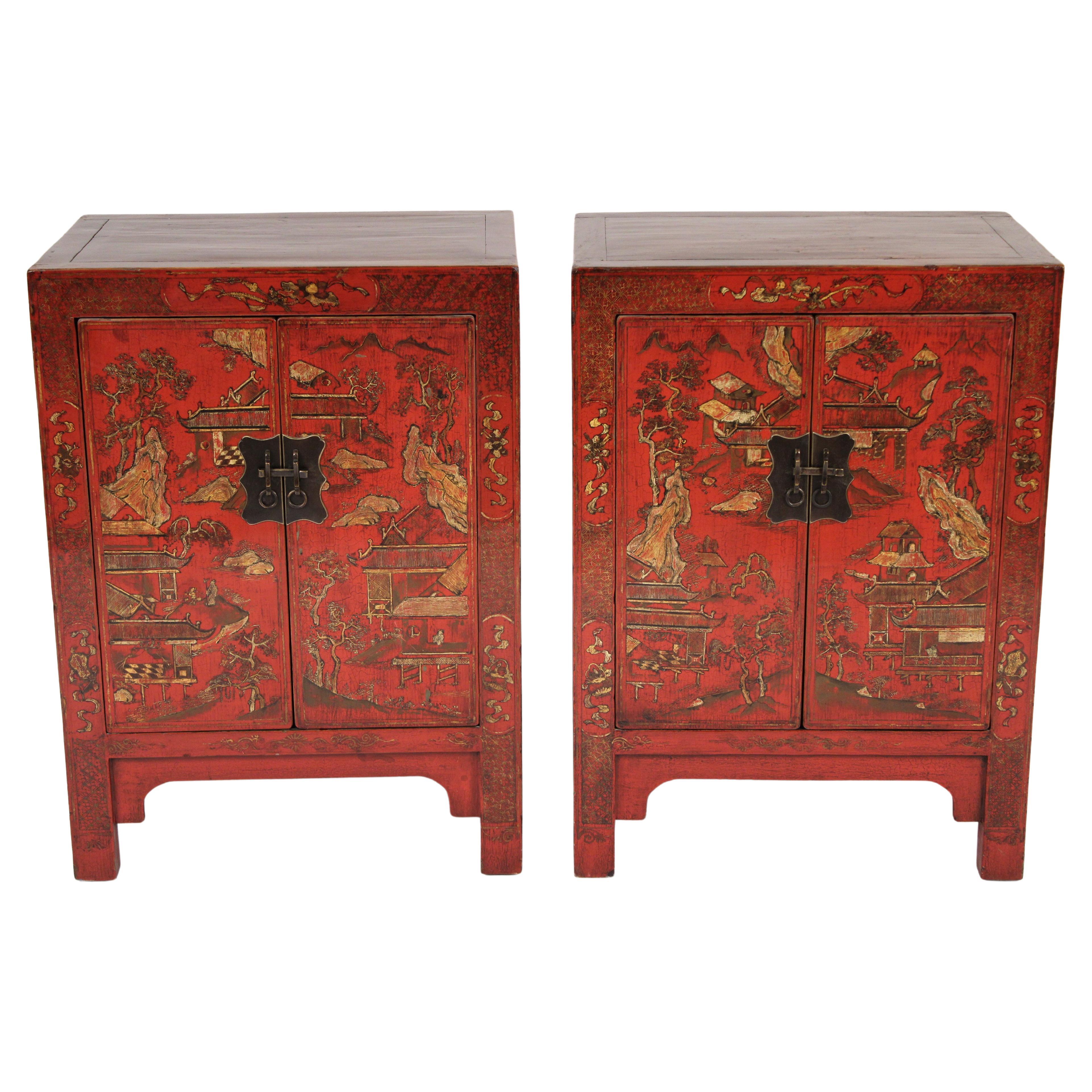 Pair of Chinese Red Lacquer and Gilt Decorated Occasional Cabinets